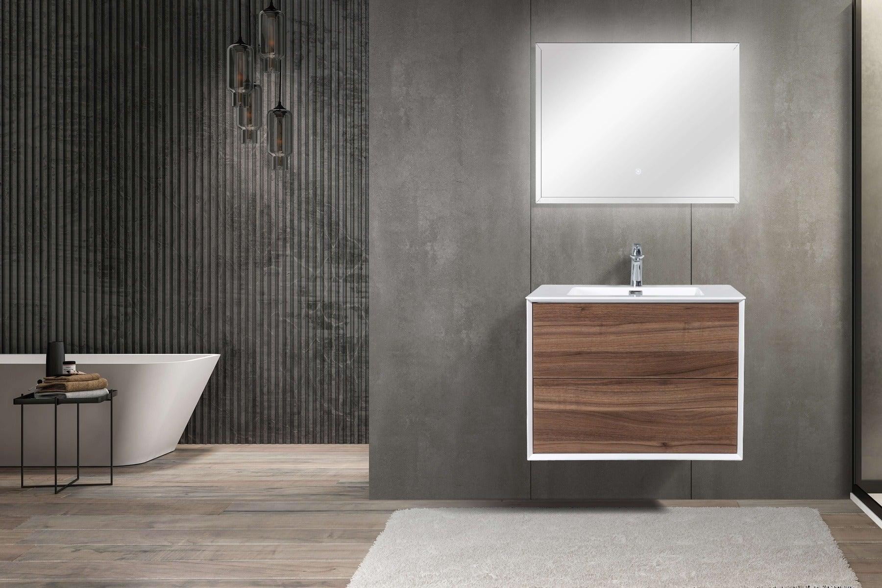 30" Walnut Wall Mount Vanity with White Polymarble Countertop-Migration_Bathroom Vanities-DECOROLALA