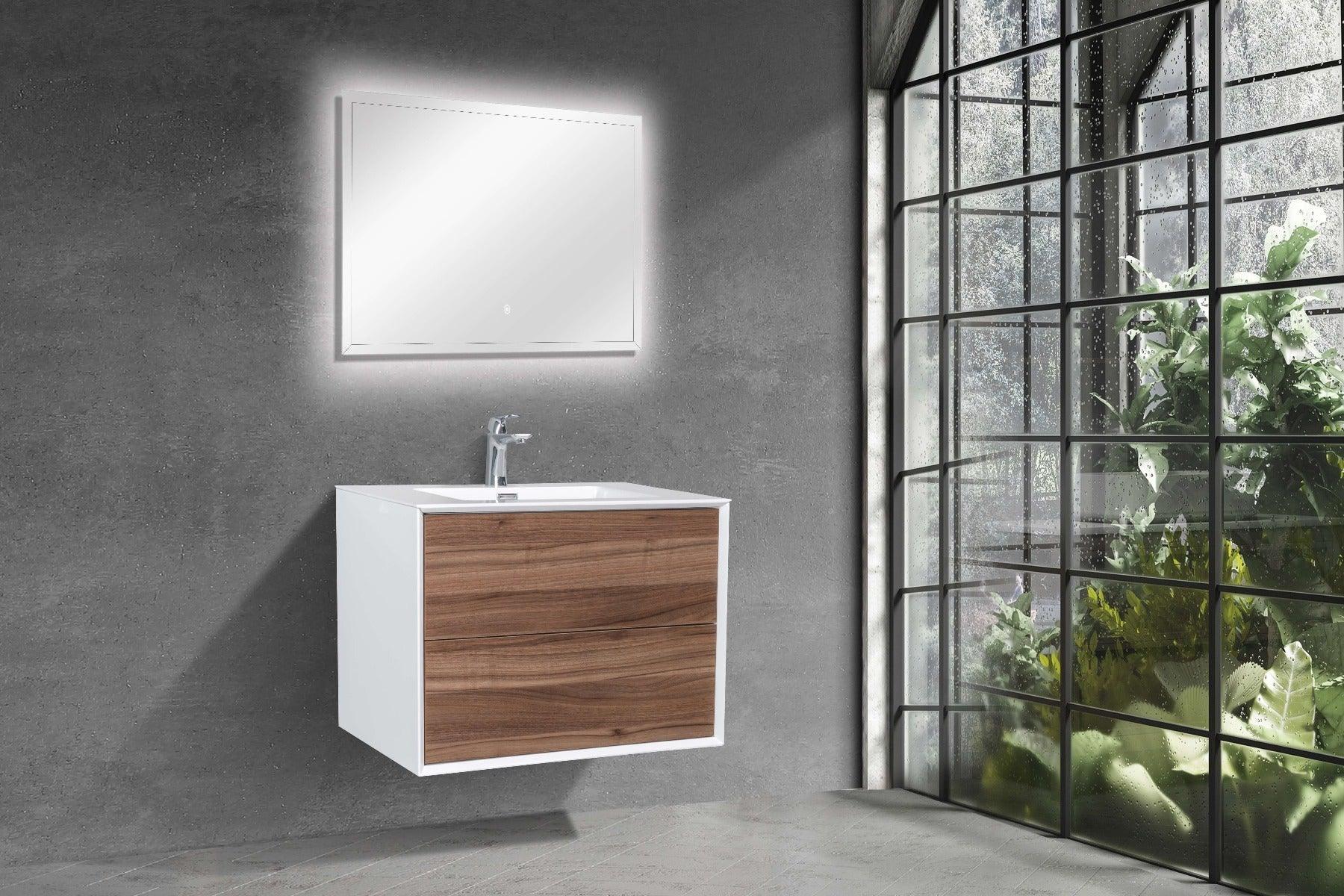30" Walnut Wall Mount Vanity with White Polymarble Countertop-Migration_Bathroom Vanities-DECOROLALA