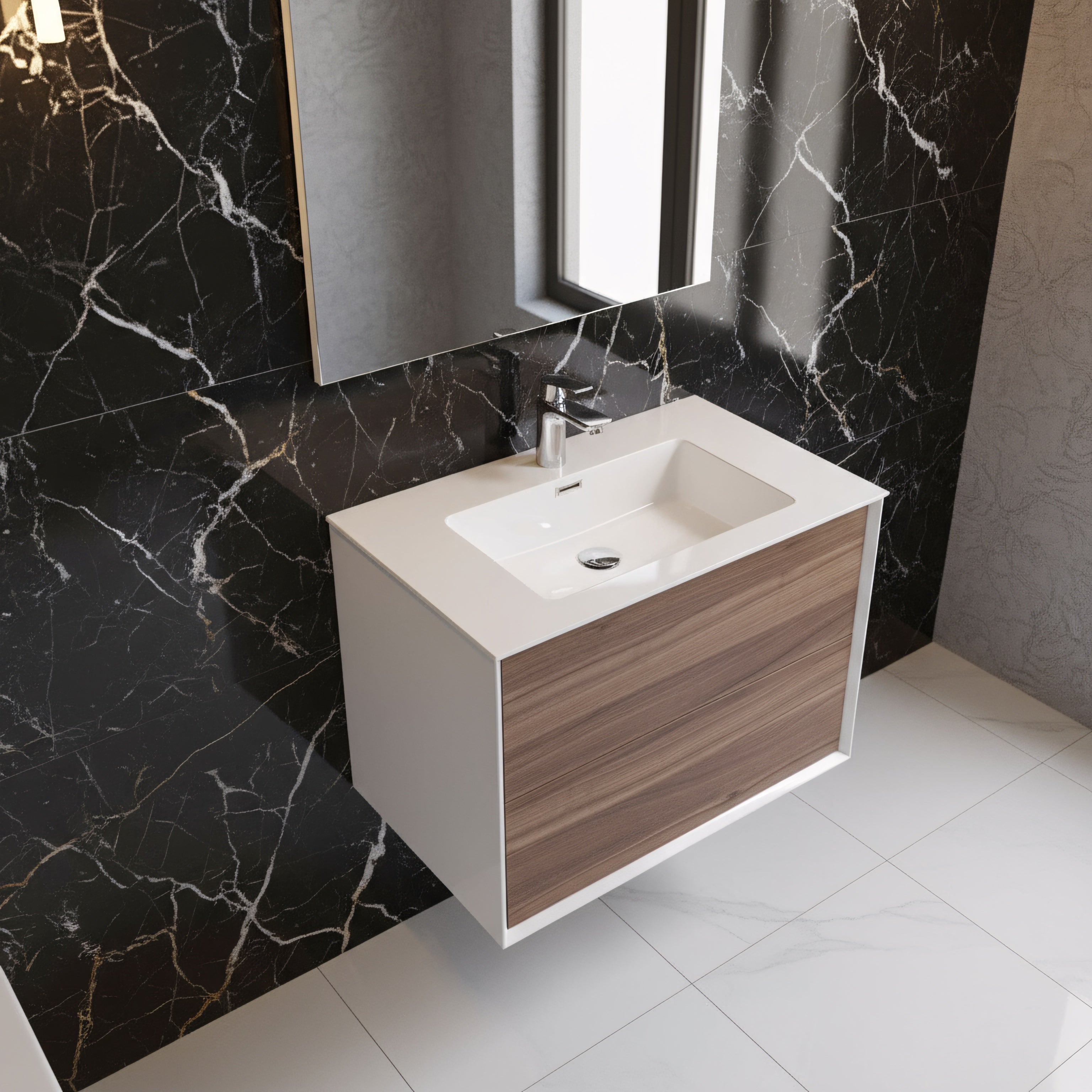 30" Walnut Wall Mount Vanity with White Polymarble Countertop-Migration_Bathroom Vanities-DECOROLALA