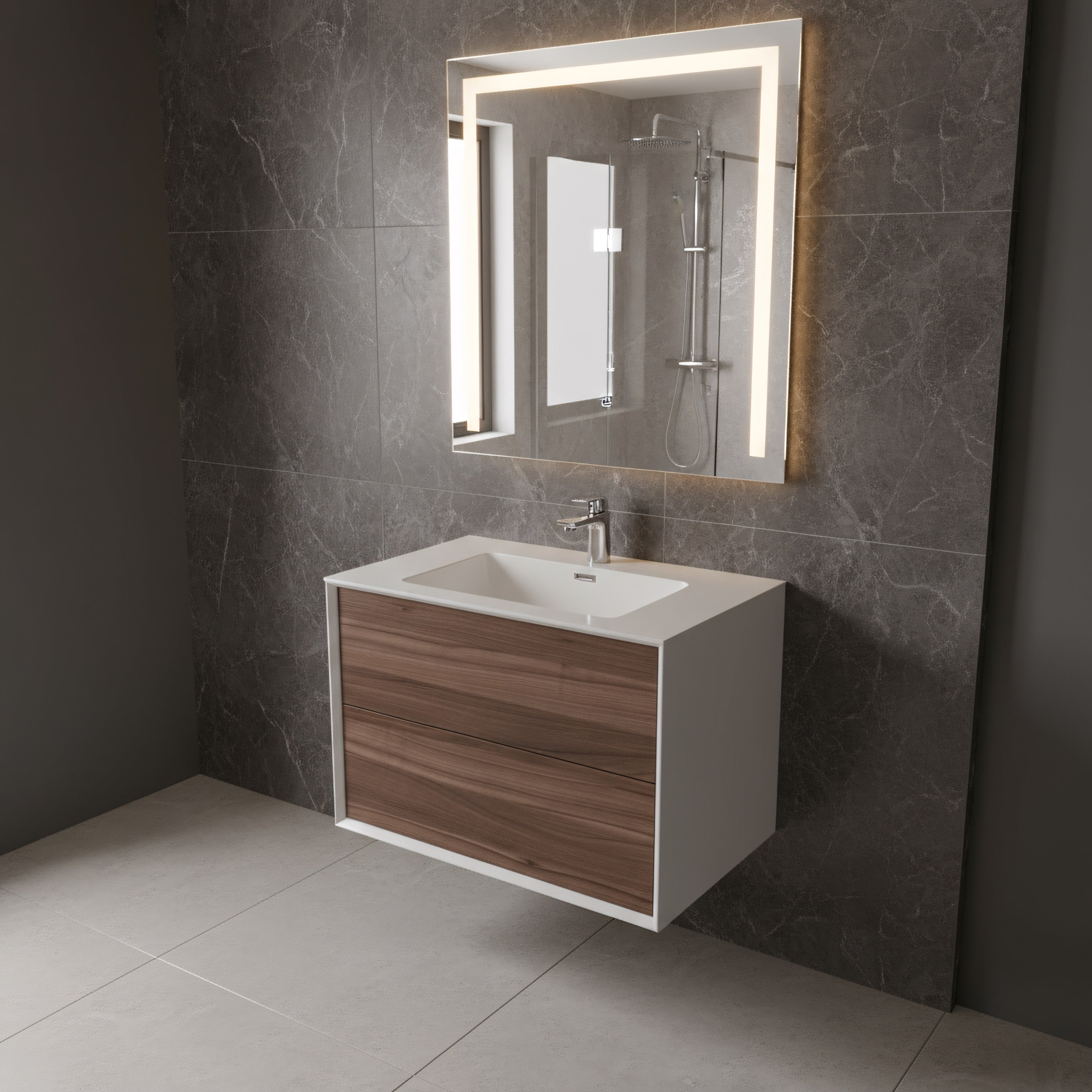 30" Walnut Wall Mount Vanity with White Polymarble Countertop-Migration_Bathroom Vanities-DECOROLALA