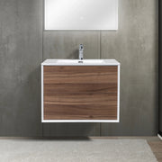 30" Walnut Wall Mount Vanity with White Polymarble Countertop-Migration_Bathroom Vanities-DECOROLALA