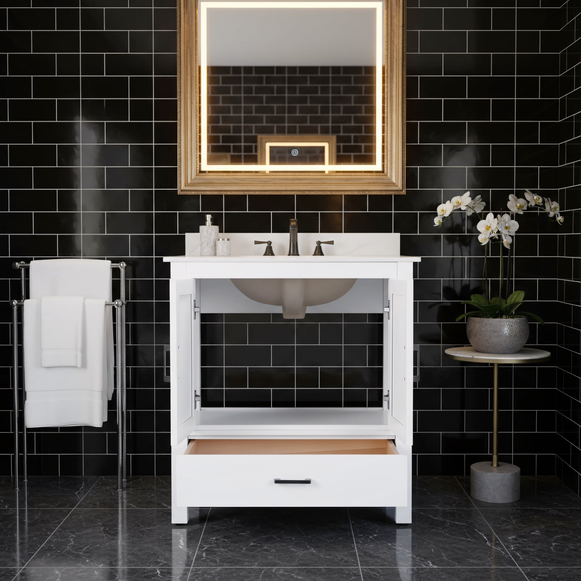 30" White Freestanding Single Sink Bathroom Vanity with Engineered Calcutta Marble Countertop-Migration_Bathroom Vanities-DECOROLALA