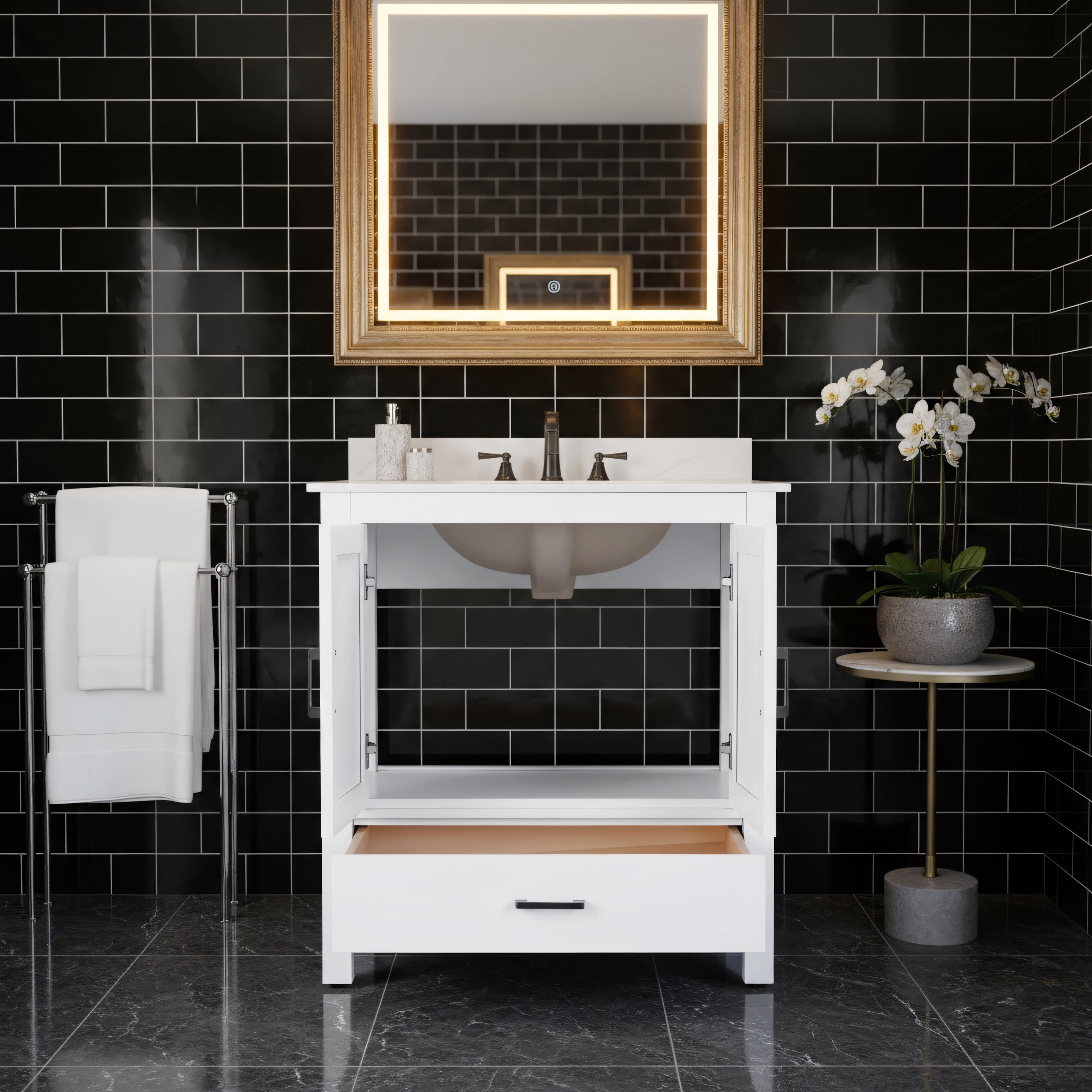 30" White Freestanding Single Sink Bathroom Vanity with Engineered Calcutta Marble Countertop-Migration_Bathroom Vanities-DECOROLALA