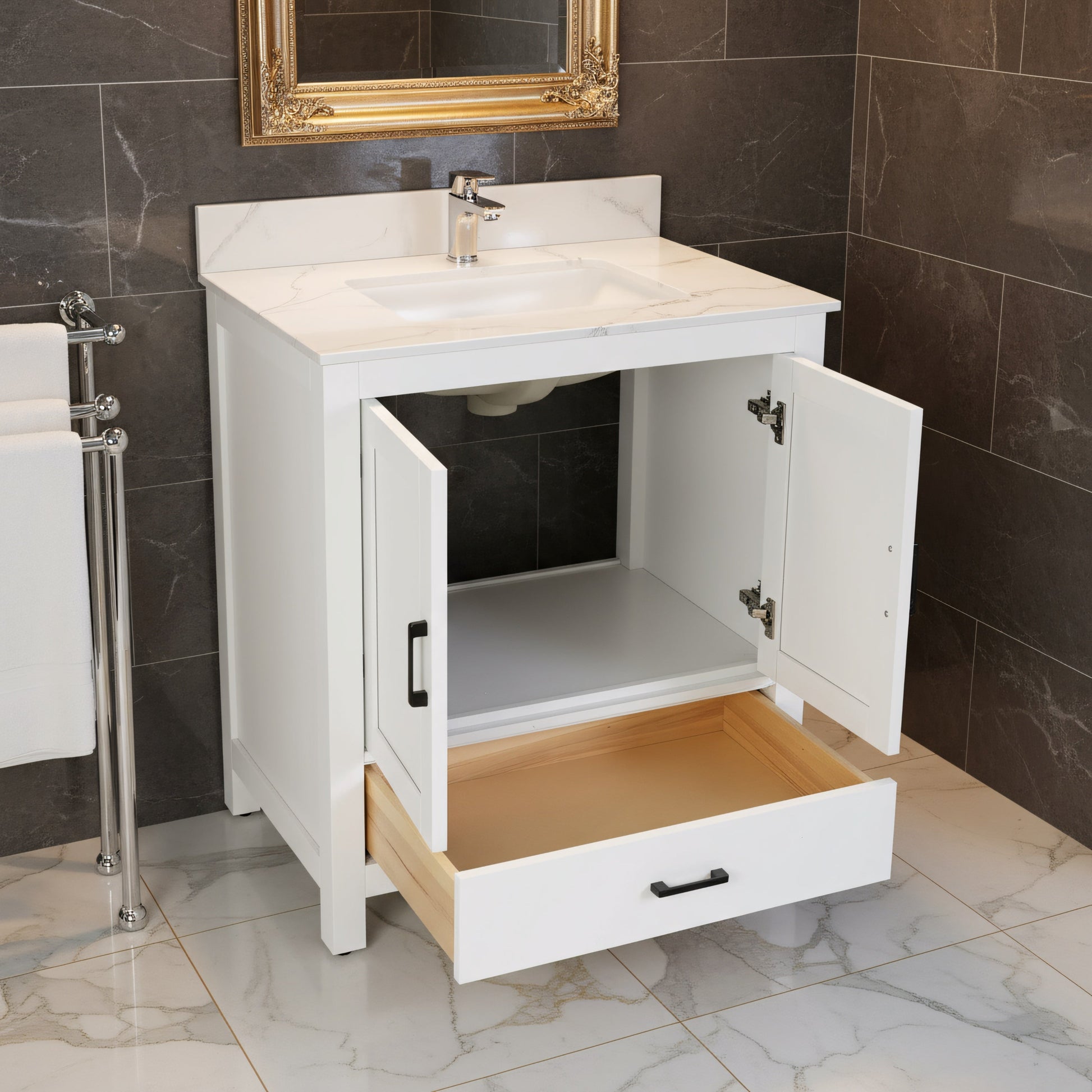 30" White Freestanding Single Sink Bathroom Vanity with Engineered Calcutta Marble Countertop-Migration_Bathroom Vanities-DECOROLALA