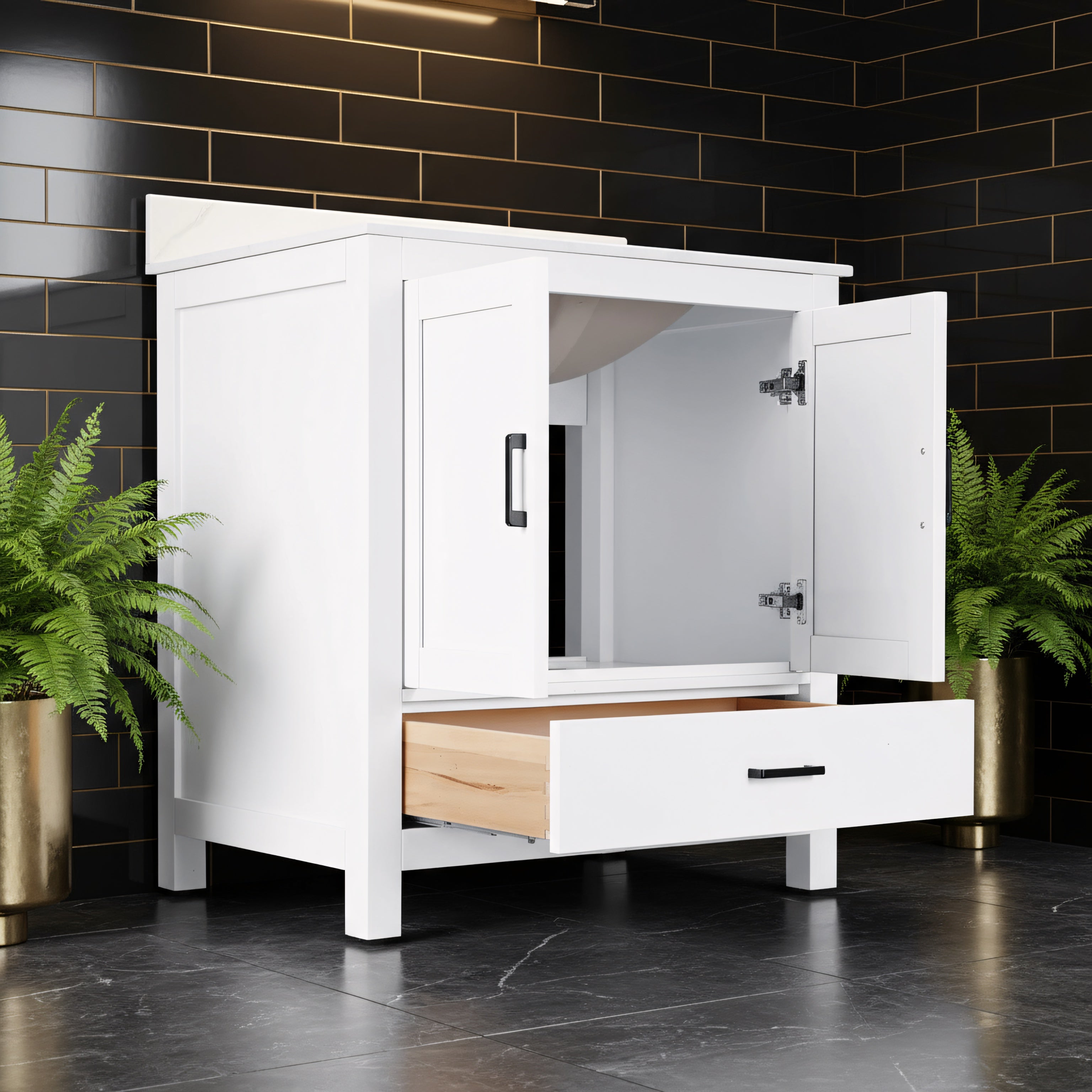 30" White Freestanding Single Sink Bathroom Vanity with Engineered Calcutta Marble Countertop-Migration_Bathroom Vanities-DECOROLALA