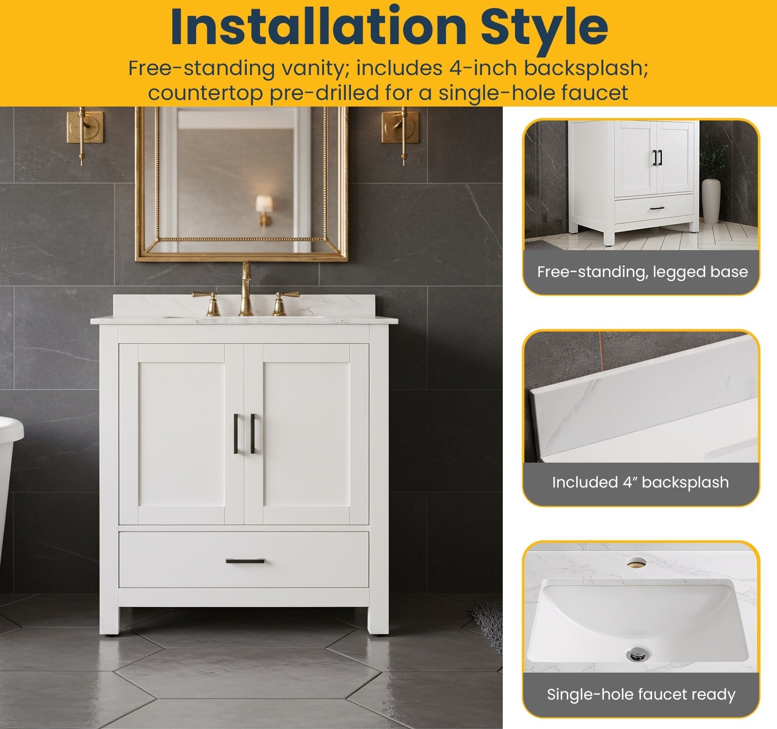 30" White Freestanding Single Sink Bathroom Vanity with Engineered Calcutta Marble Countertop-Migration_Bathroom Vanities-DECOROLALA