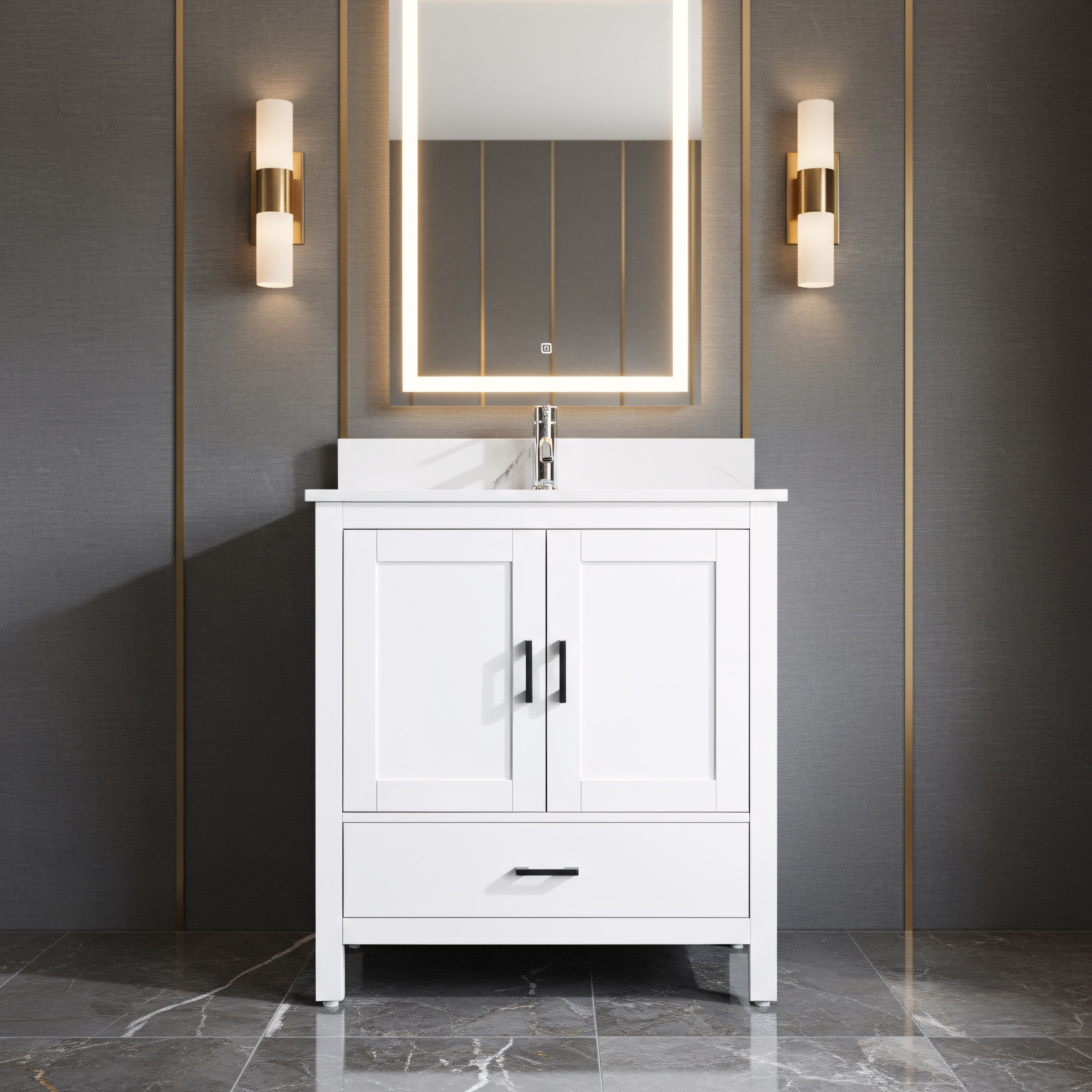 30" White Freestanding Single Sink Bathroom Vanity with Engineered Calcutta Marble Countertop-Migration_Bathroom Vanities-DECOROLALA