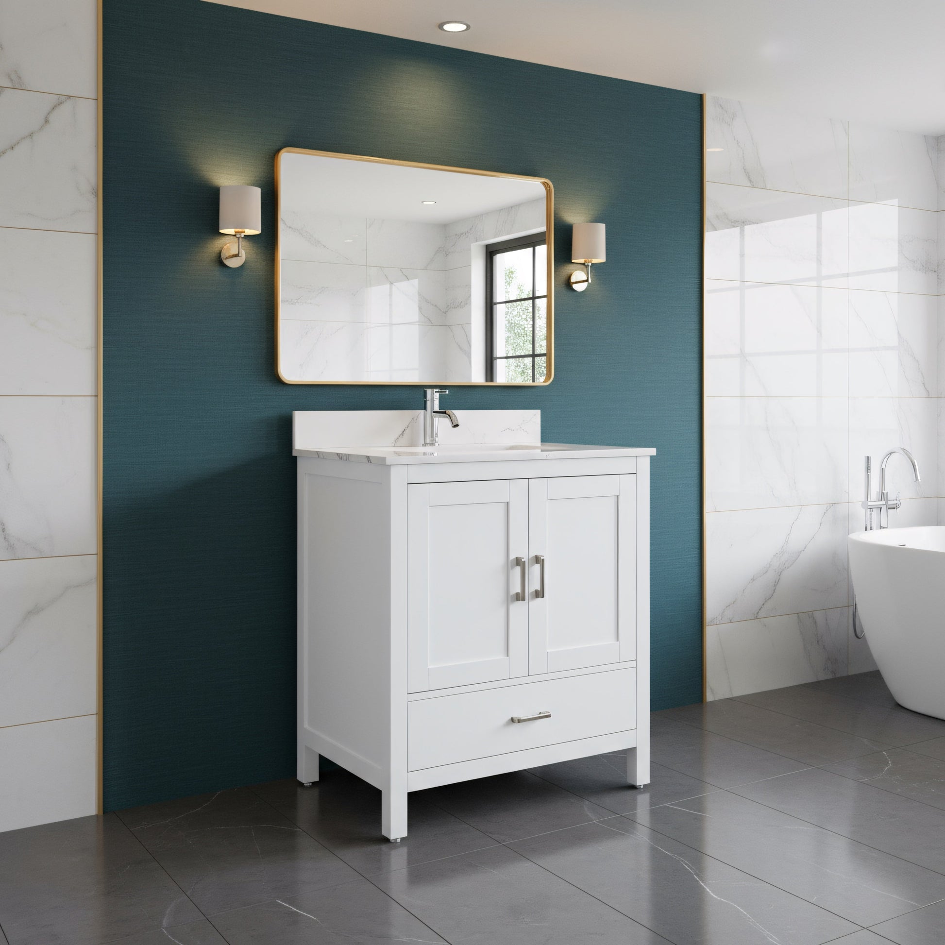 30" White Freestanding Single Sink Bathroom Vanity with Engineered Calcutta Marble Countertop-Migration_Bathroom Vanities-DECOROLALA