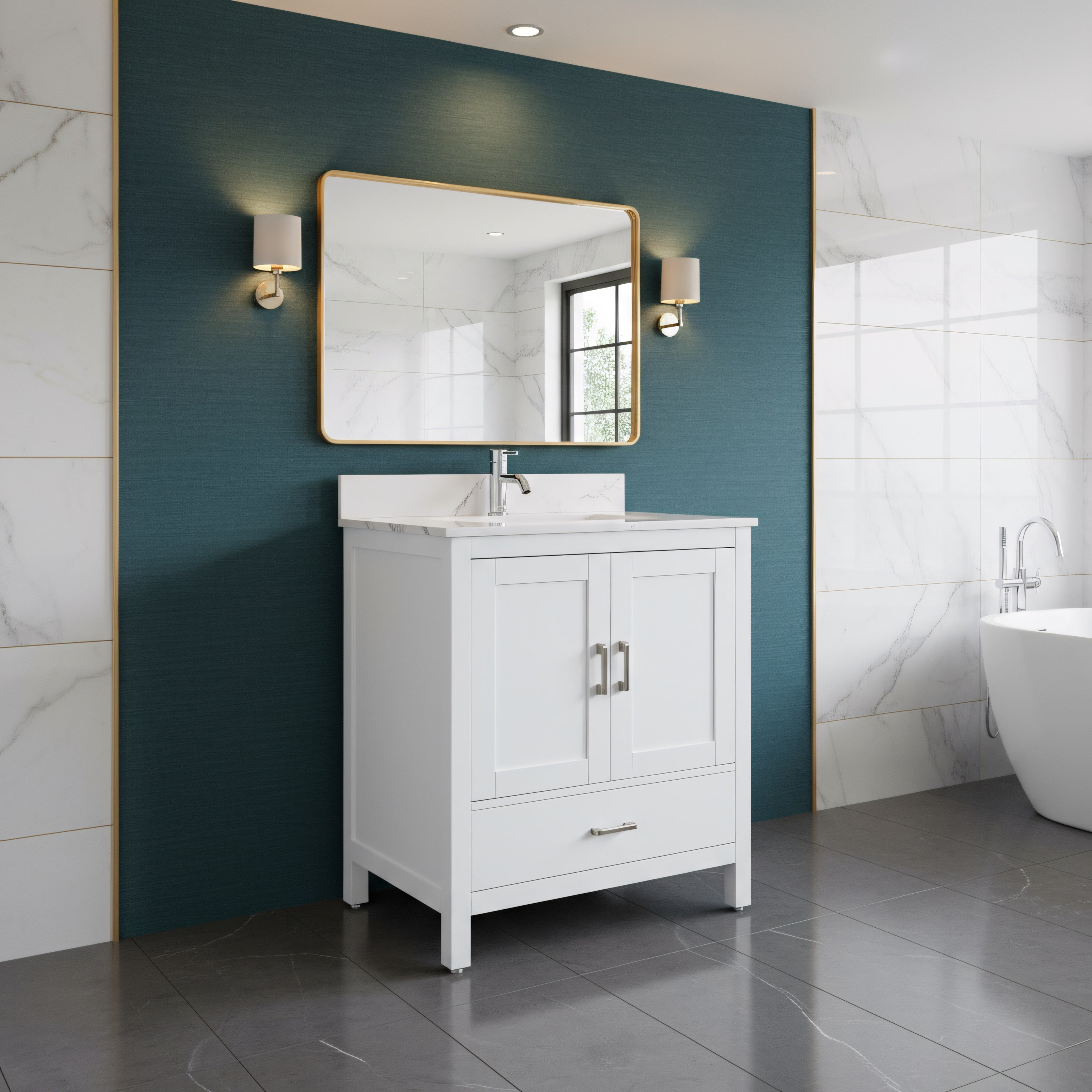 30" White Freestanding Single Sink Bathroom Vanity with Engineered Calcutta Marble Countertop-Migration_Bathroom Vanities-DECOROLALA