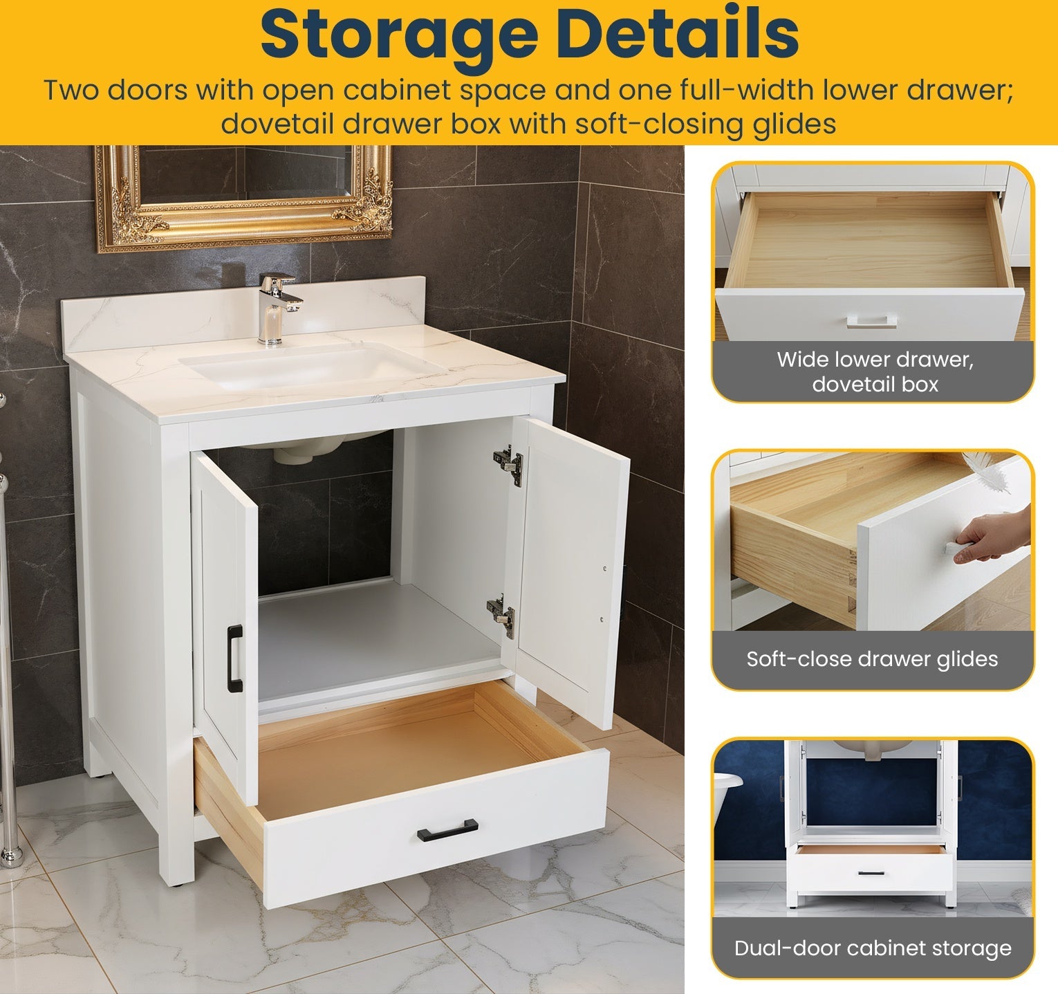 30" White Freestanding Single Sink Bathroom Vanity with Engineered Calcutta Marble Countertop-Migration_Bathroom Vanities-DECOROLALA