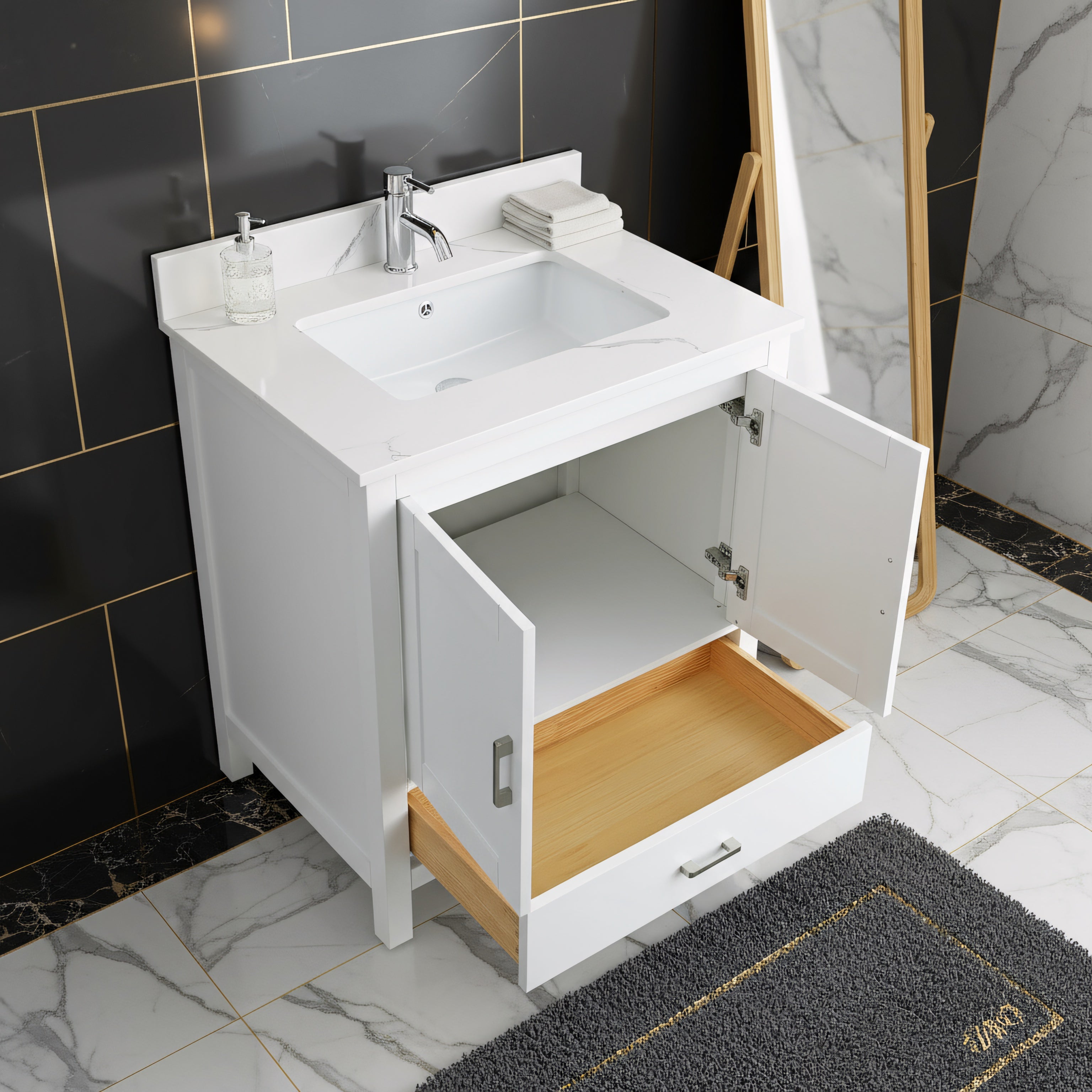 30" White Freestanding Single Sink Bathroom Vanity with Engineered Calcutta Marble Countertop-Migration_Bathroom Vanities-DECOROLALA