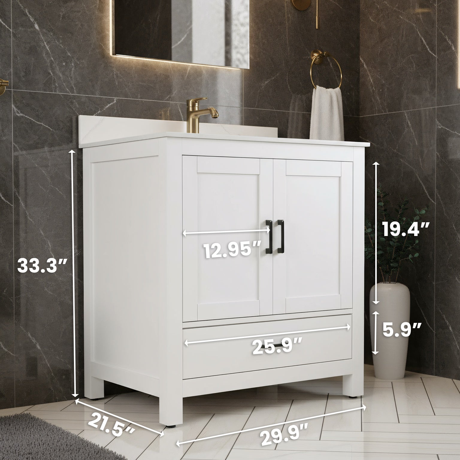 30" White Freestanding Single Sink Bathroom Vanity with Engineered Calcutta Marble Countertop-Migration_Bathroom Vanities-DECOROLALA