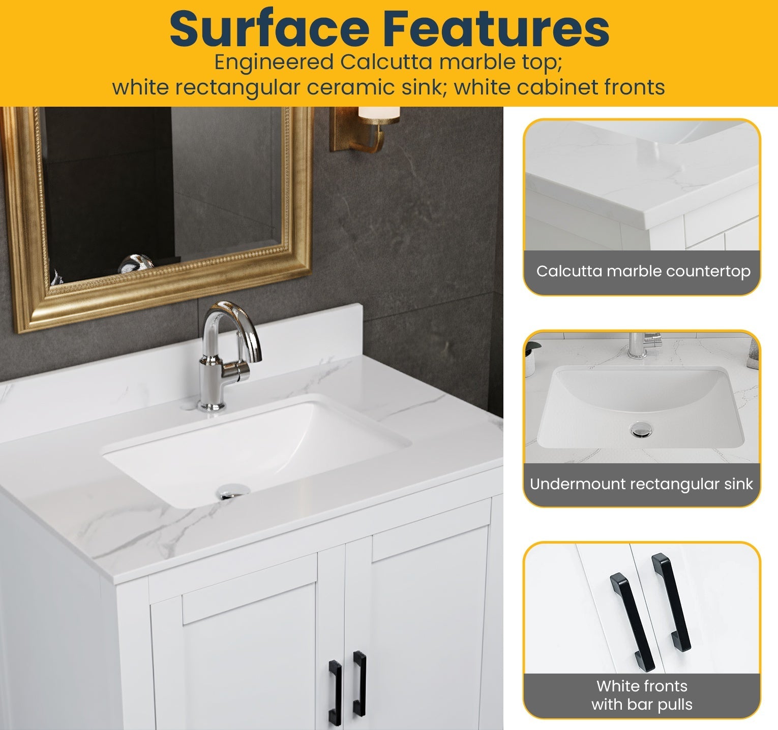 30" White Freestanding Single Sink Bathroom Vanity with Engineered Calcutta Marble Countertop-Migration_Bathroom Vanities-DECOROLALA