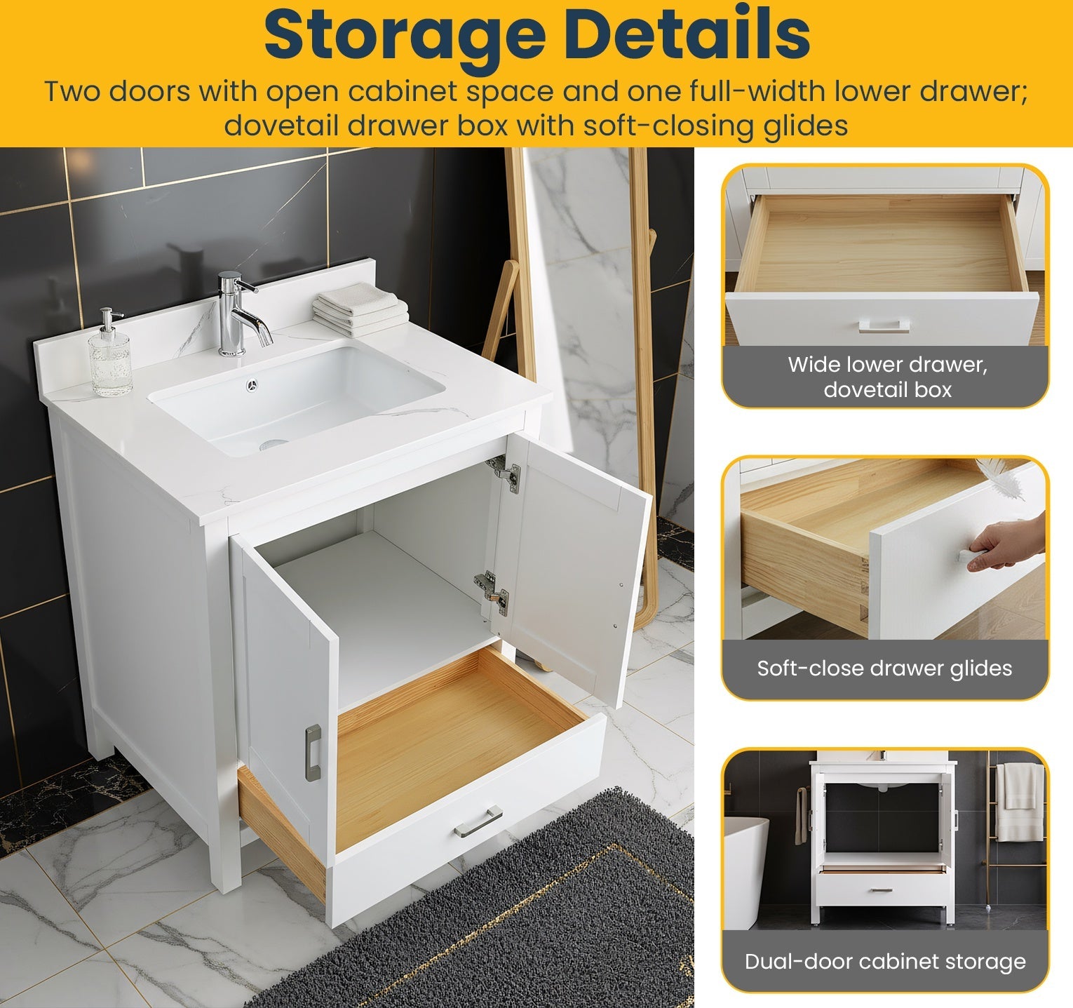 30" White Freestanding Single Sink Bathroom Vanity with Engineered Calcutta Marble Countertop-Migration_Bathroom Vanities-DECOROLALA