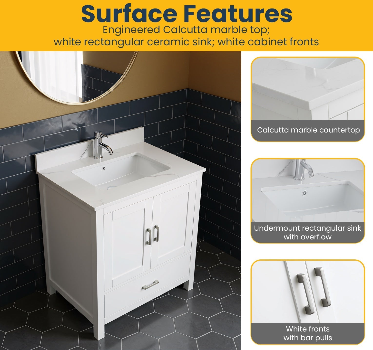 30" White Freestanding Single Sink Bathroom Vanity with Engineered Calcutta Marble Countertop-Migration_Bathroom Vanities-DECOROLALA