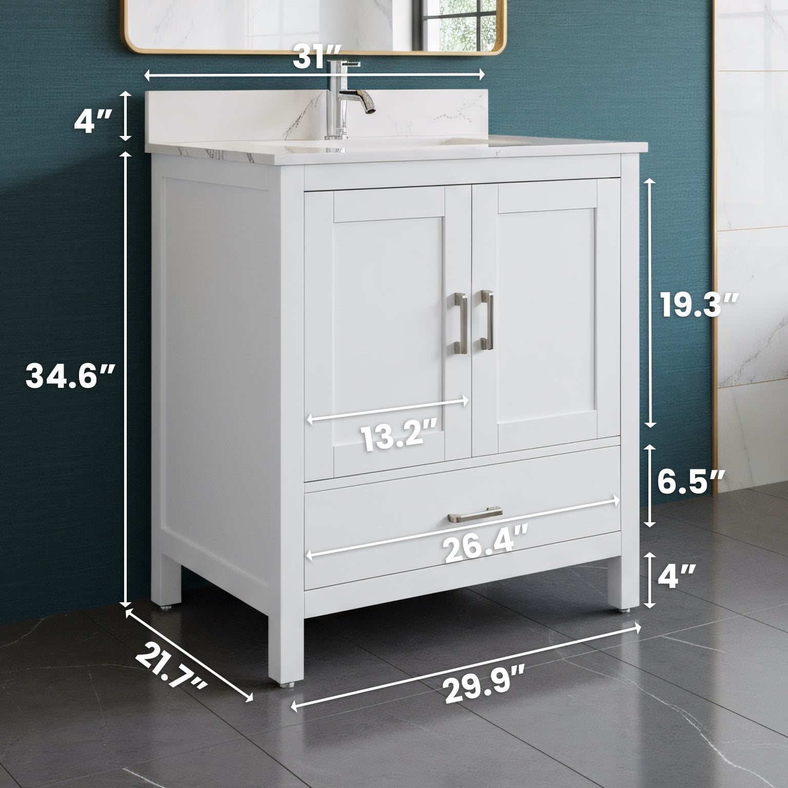 30" White Freestanding Single Sink Bathroom Vanity with Engineered Calcutta Marble Countertop-Migration_Bathroom Vanities-DECOROLALA