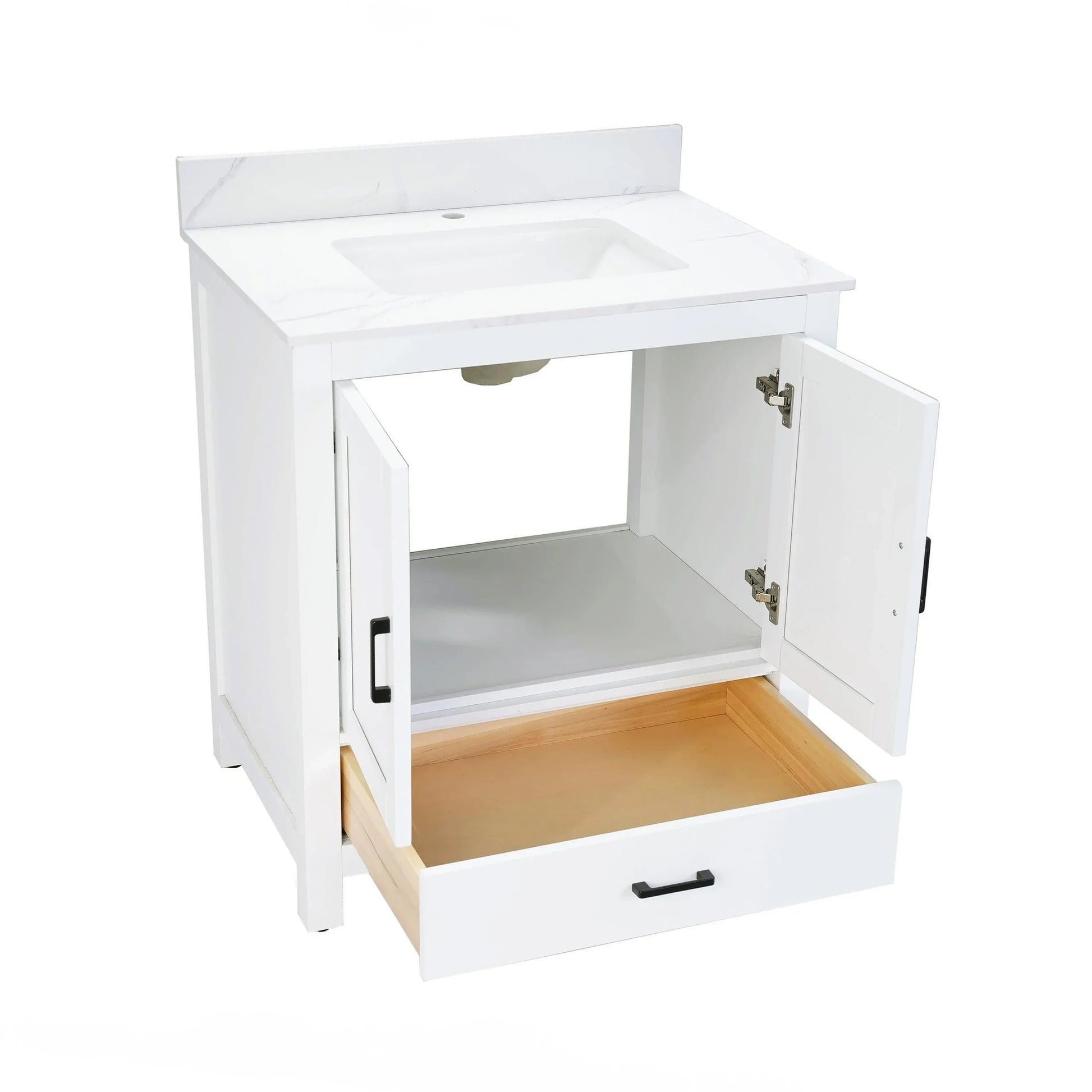 30" White Freestanding Single Sink Bathroom Vanity with Engineered Calcutta Marble Countertop-Migration_Bathroom Vanities-DECOROLALA