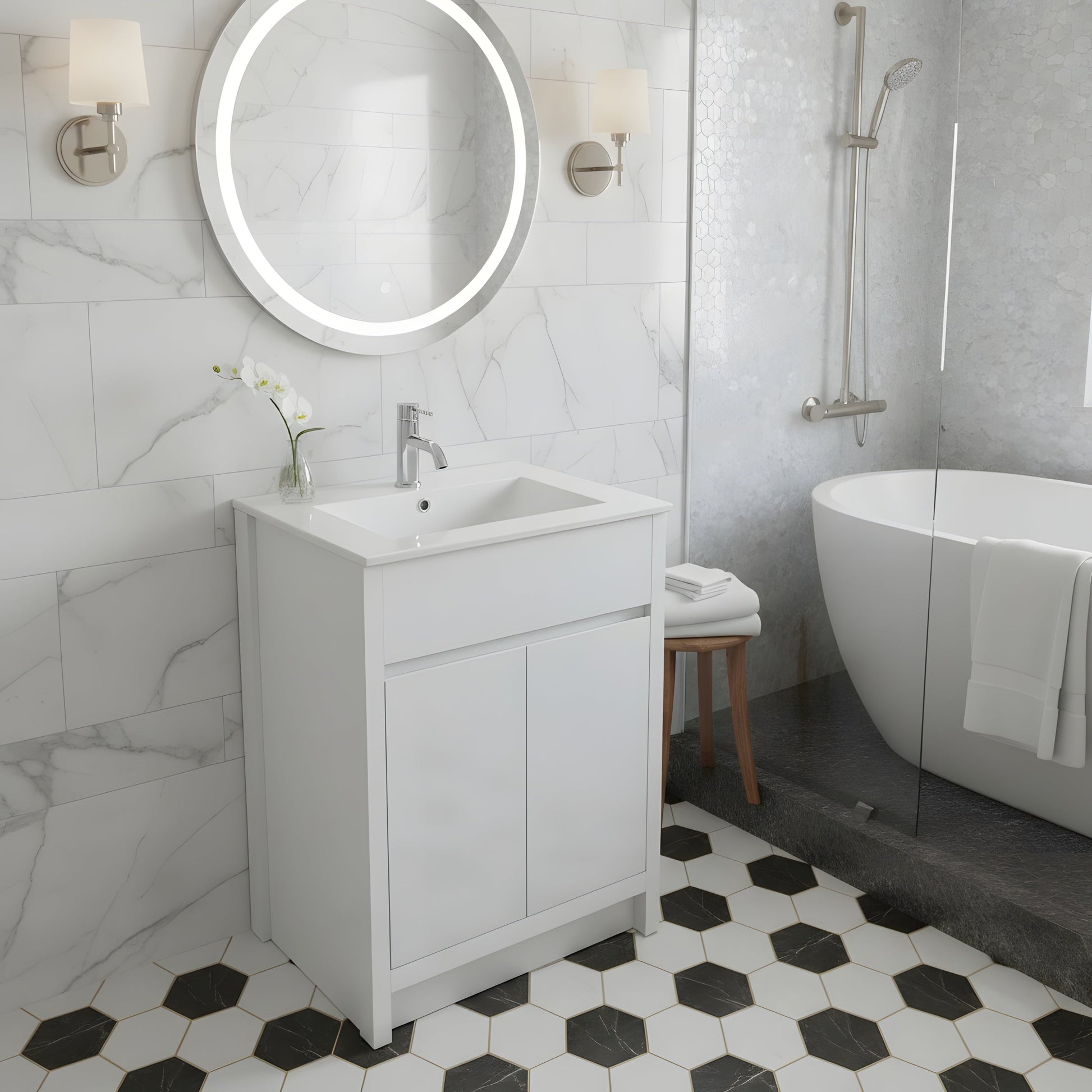 30" White Oak Freestanding Bathroom Vanity with White Ceramic Countertop-Migration_Bathroom Vanities-DECOROLALA