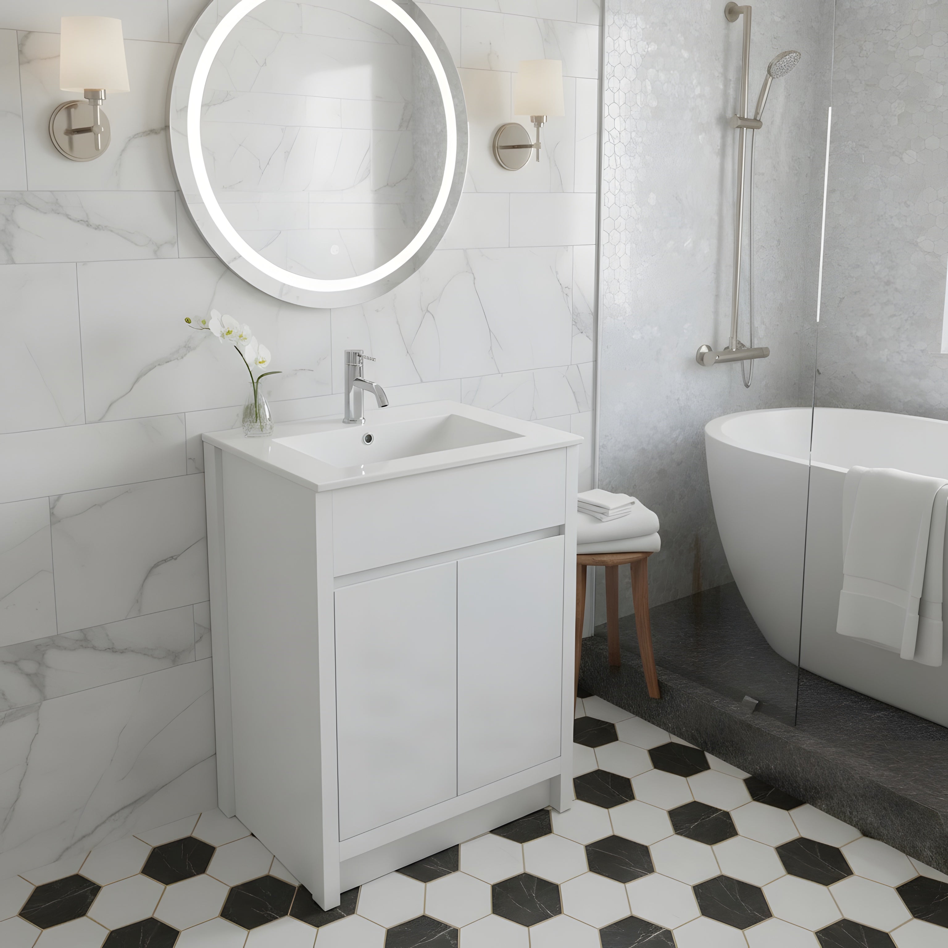 30" White Oak Freestanding Bathroom Vanity with White Ceramic Countertop-Migration_Bathroom Vanities-DECOROLALA