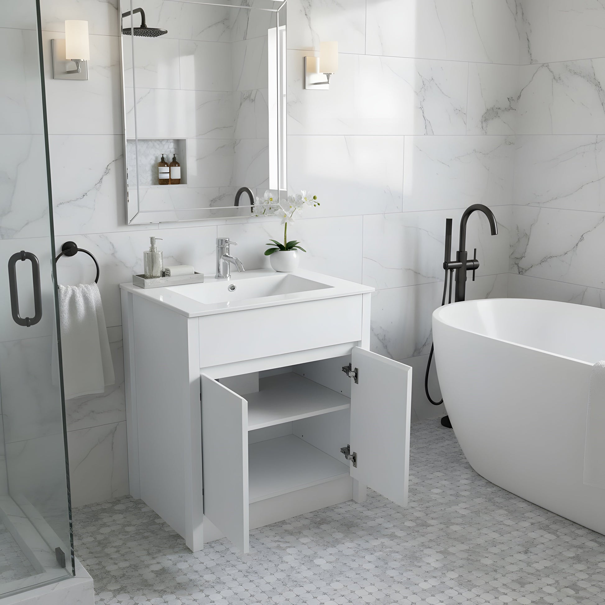 30" White Oak Freestanding Bathroom Vanity with White Ceramic Countertop-Migration_Bathroom Vanities-DECOROLALA