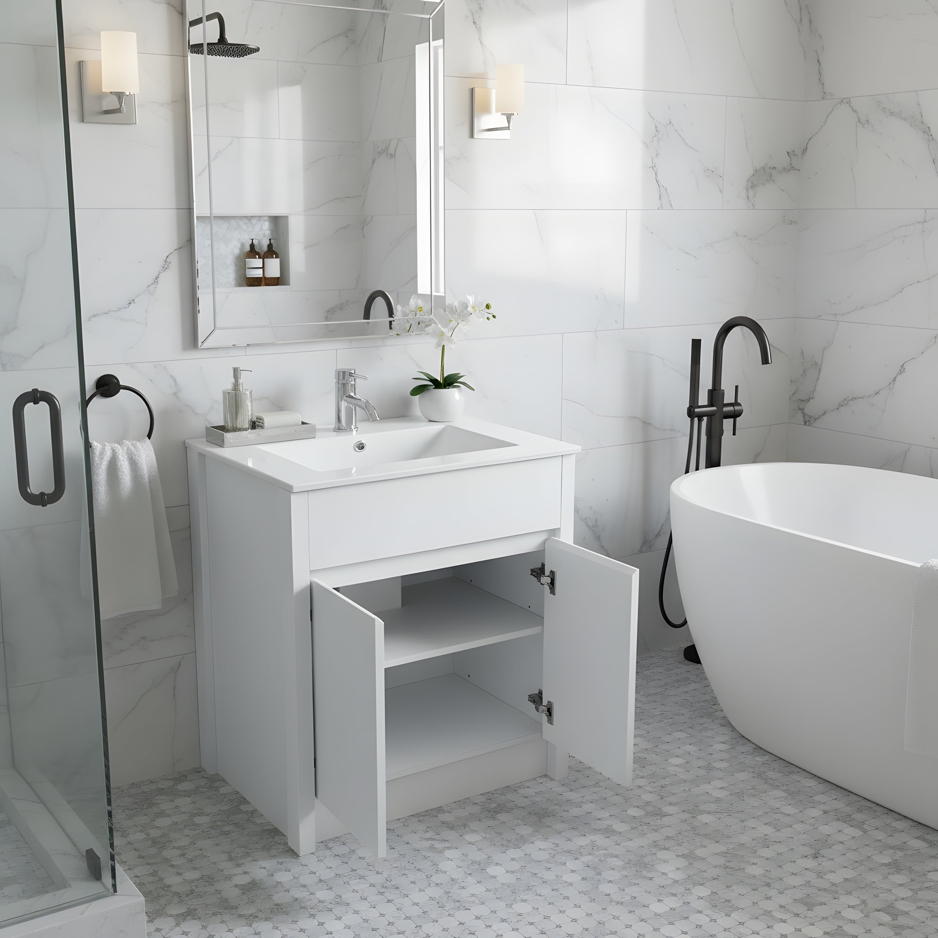 30" White Oak Freestanding Bathroom Vanity with White Ceramic Countertop-Migration_Bathroom Vanities-DECOROLALA