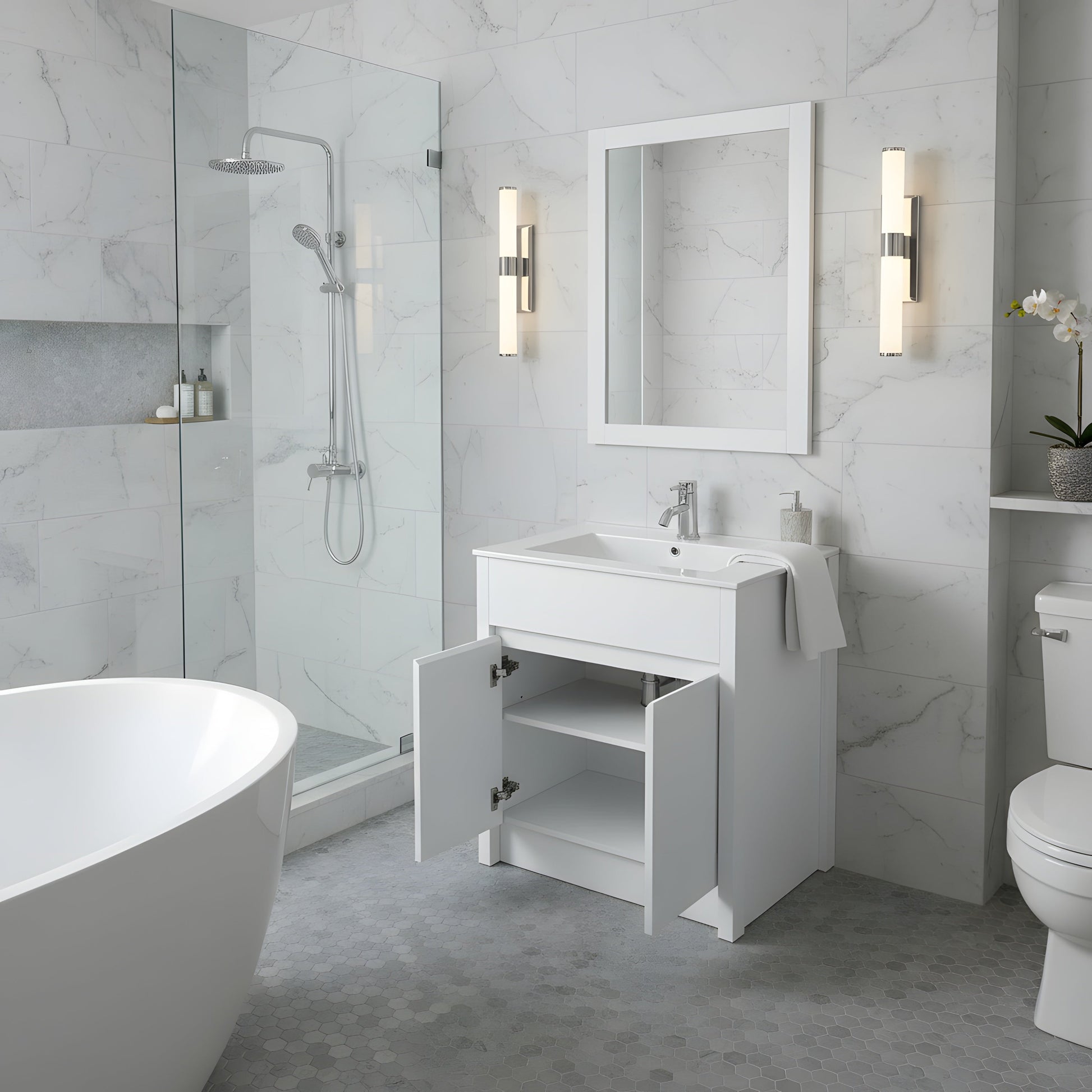 30" White Oak Freestanding Bathroom Vanity with White Ceramic Countertop-Migration_Bathroom Vanities-DECOROLALA