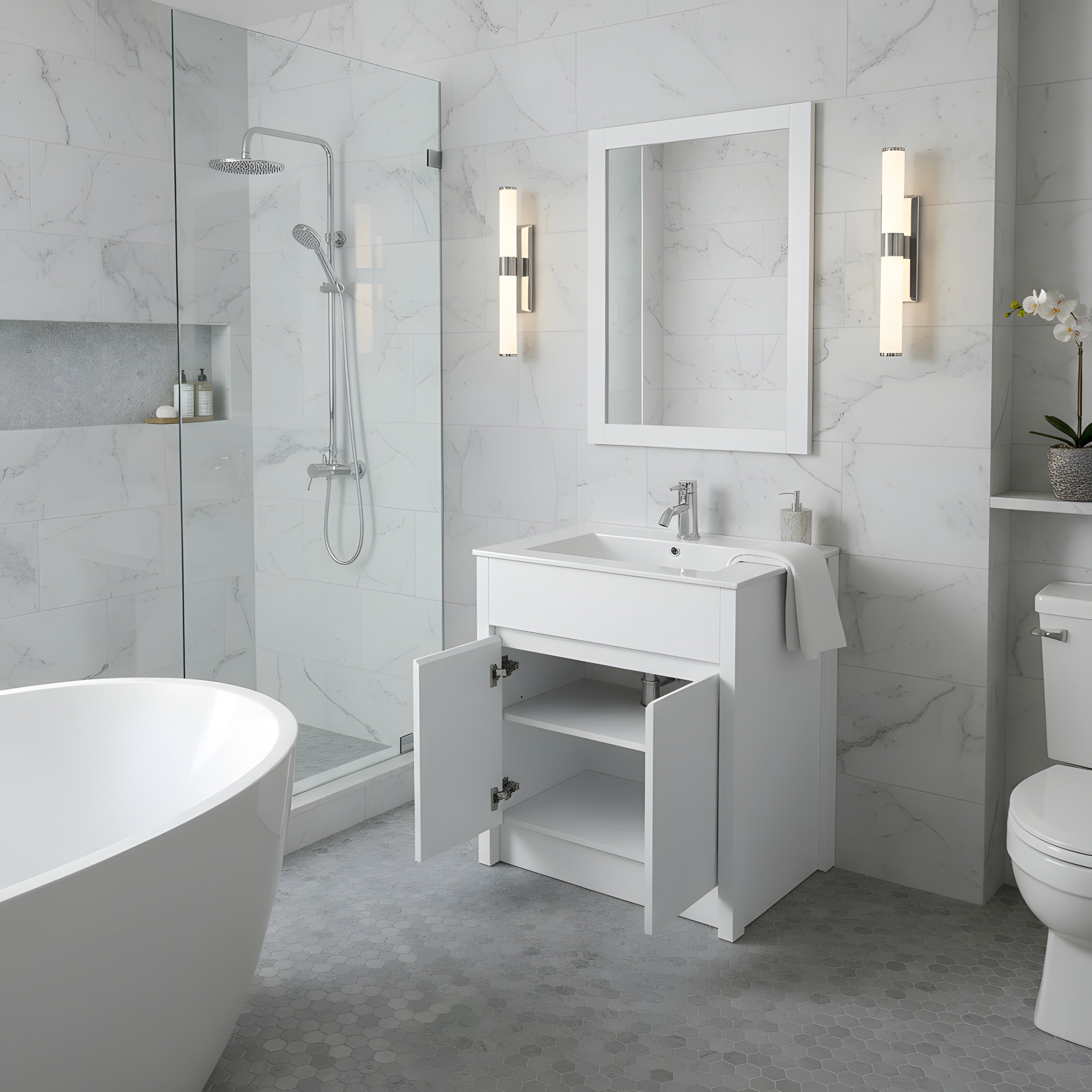 30" White Oak Freestanding Bathroom Vanity with White Ceramic Countertop-Migration_Bathroom Vanities-DECOROLALA