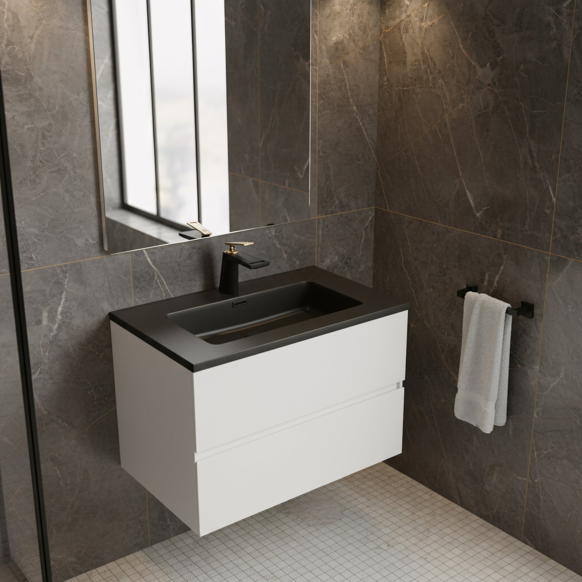 30" White Wall Mount Bathroom Vanity with Black Engineered Quartz Countertop-Migration_Bathroom Vanities-DECOROLALA