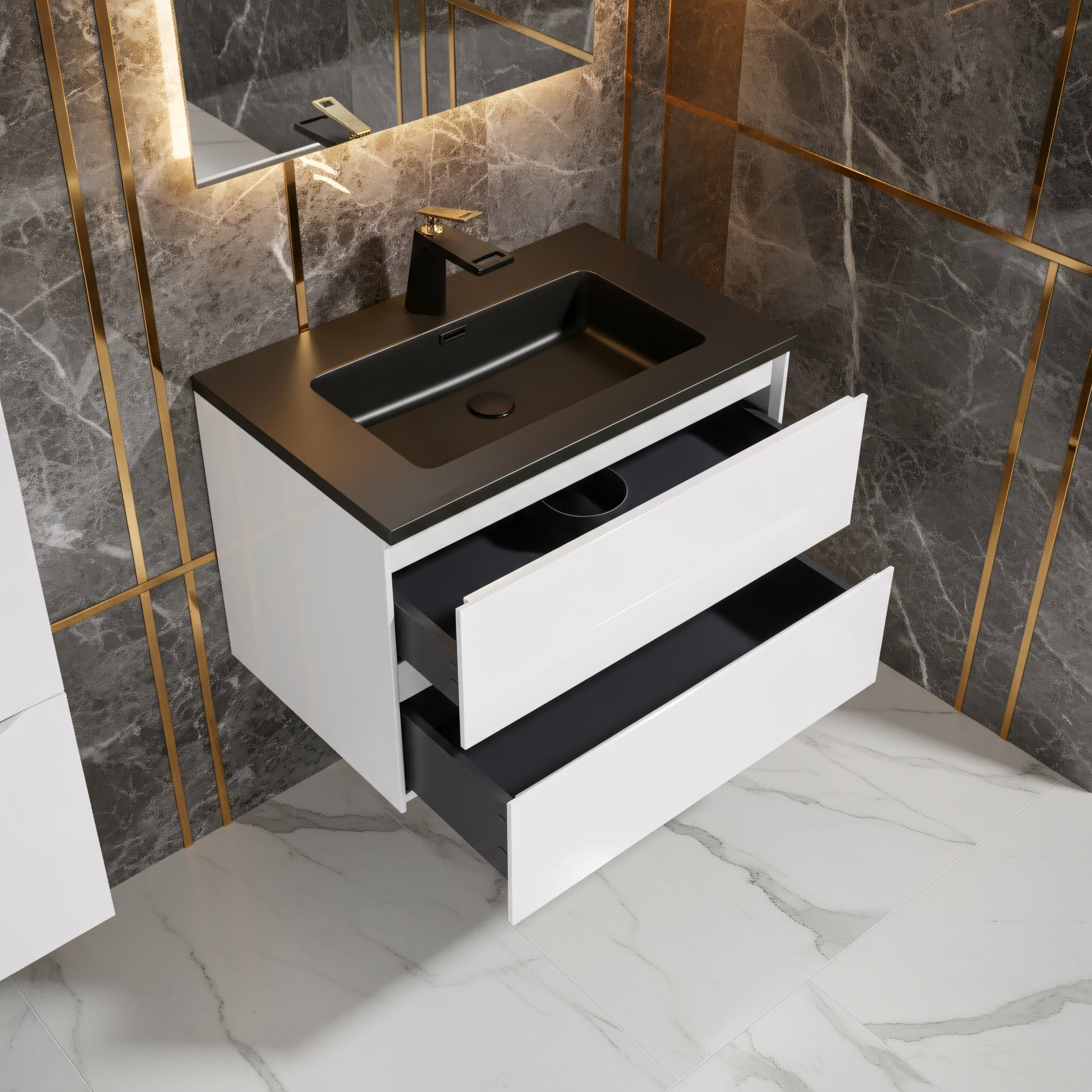 30" White Wall Mount Bathroom Vanity with Black Engineered Quartz Countertop-Migration_Bathroom Vanities-DECOROLALA