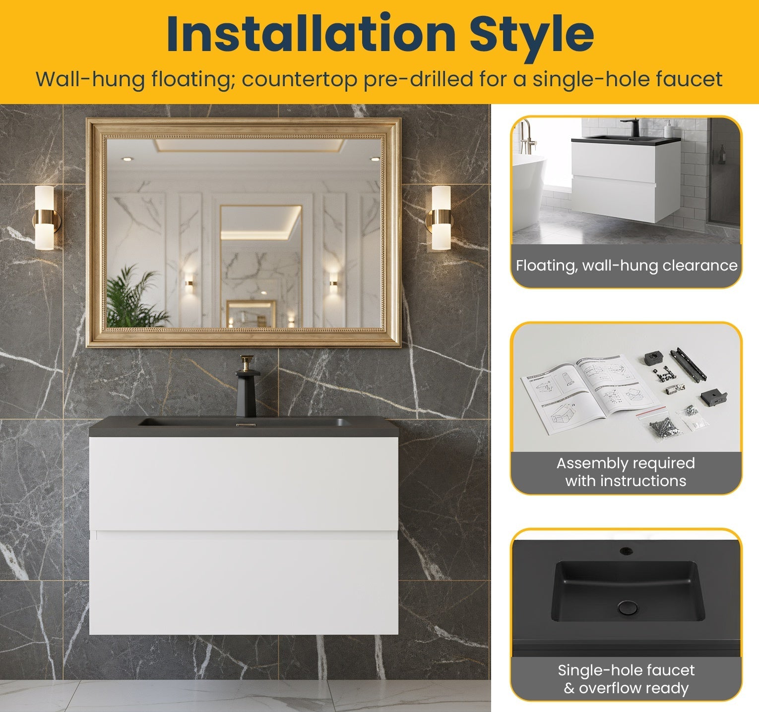 30" White Wall Mount Bathroom Vanity with Black Engineered Quartz Countertop-Migration_Bathroom Vanities-DECOROLALA