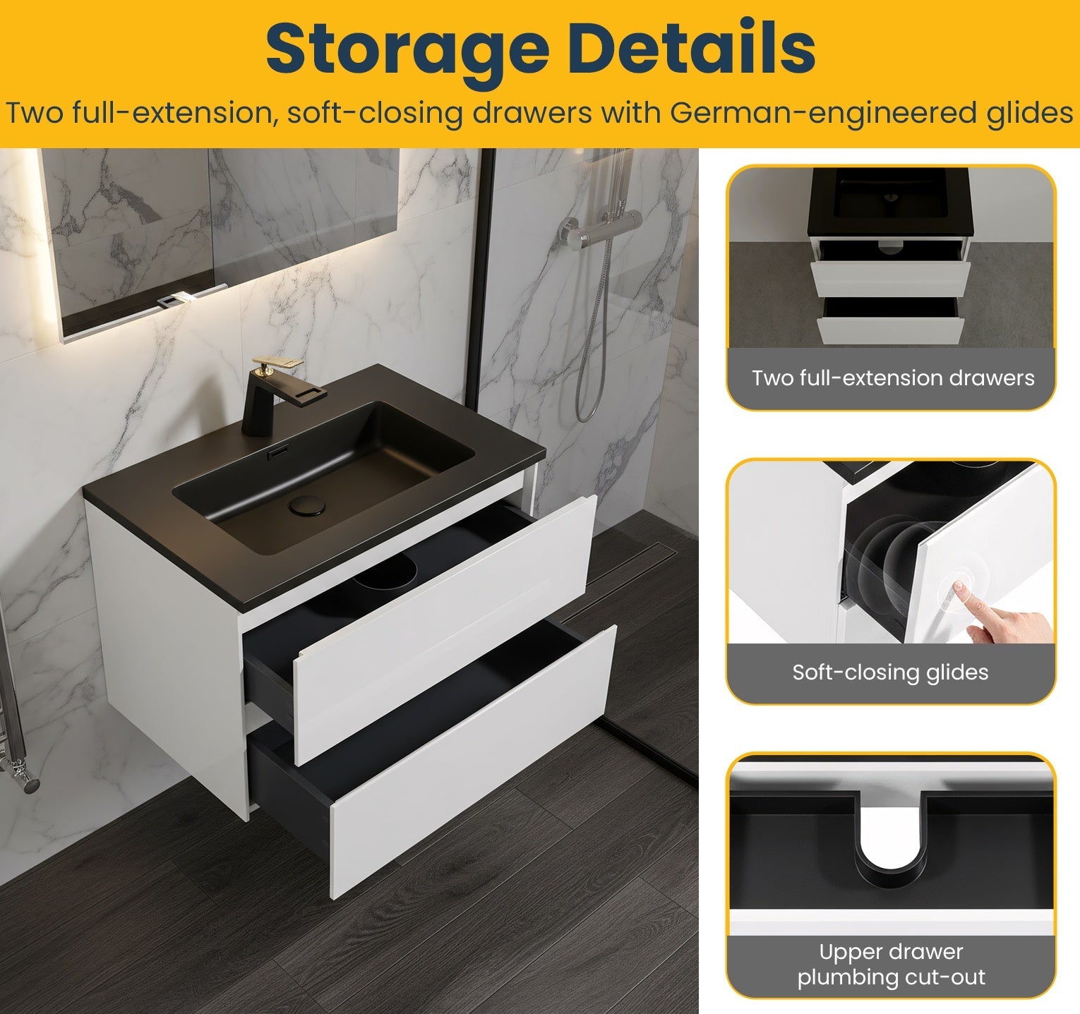 30" White Wall Mount Bathroom Vanity with Black Engineered Quartz Countertop-Migration_Bathroom Vanities-DECOROLALA