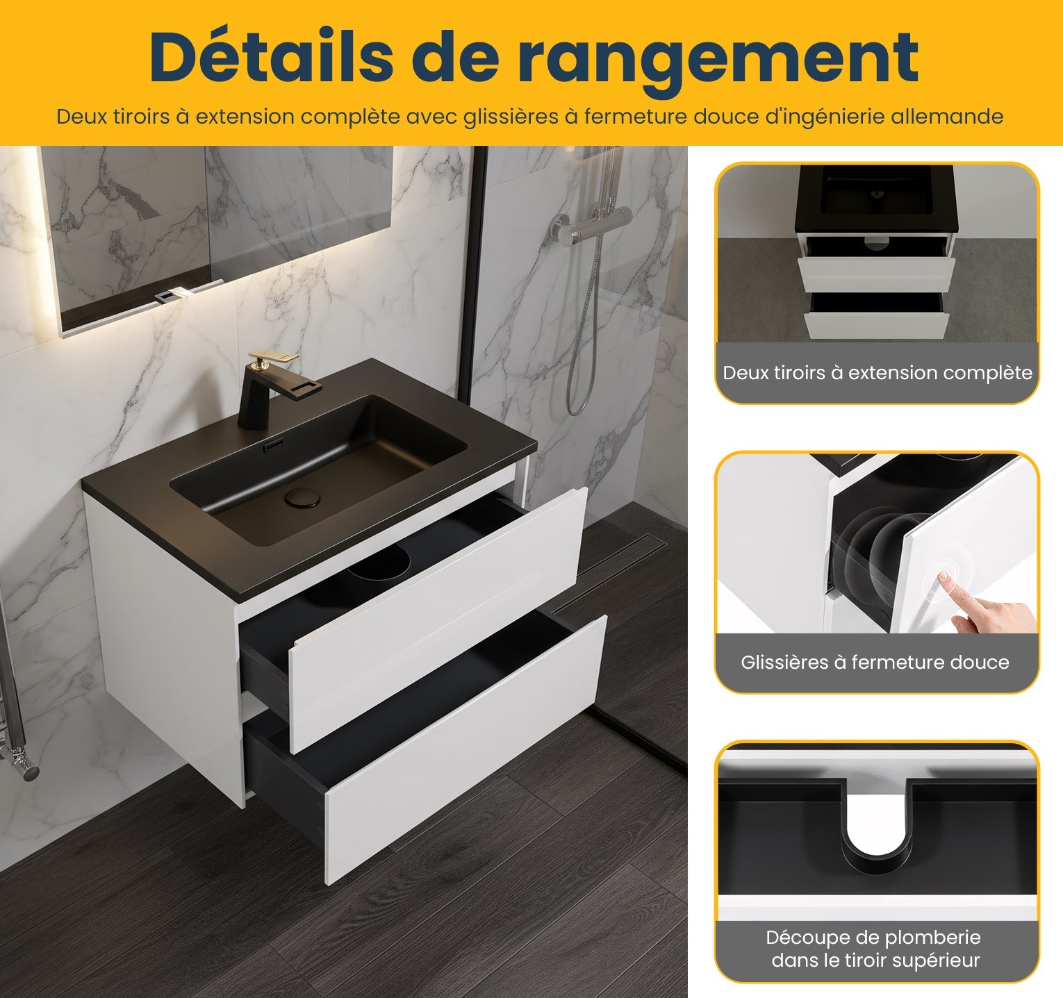 30" White Wall Mount Bathroom Vanity with Black Engineered Quartz Countertop-Migration_Bathroom Vanities-DECOROLALA