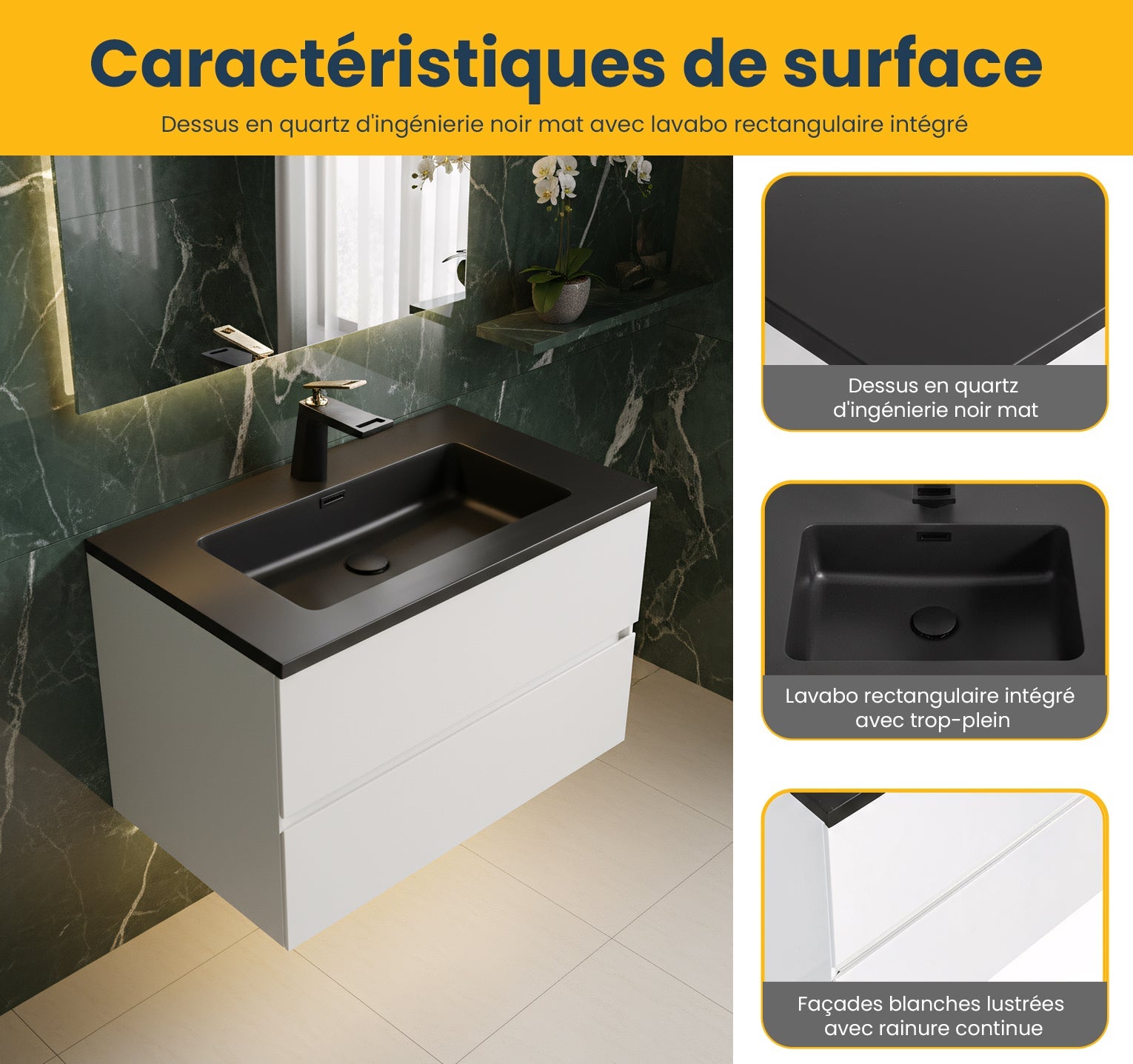 30" White Wall Mount Bathroom Vanity with Black Engineered Quartz Countertop-Migration_Bathroom Vanities-DECOROLALA