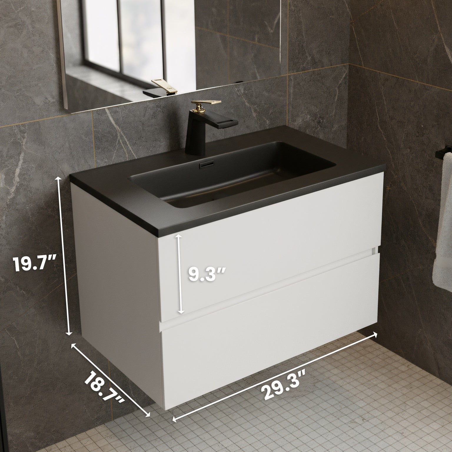 30" White Wall Mount Bathroom Vanity with Black Engineered Quartz Countertop-Migration_Bathroom Vanities-DECOROLALA