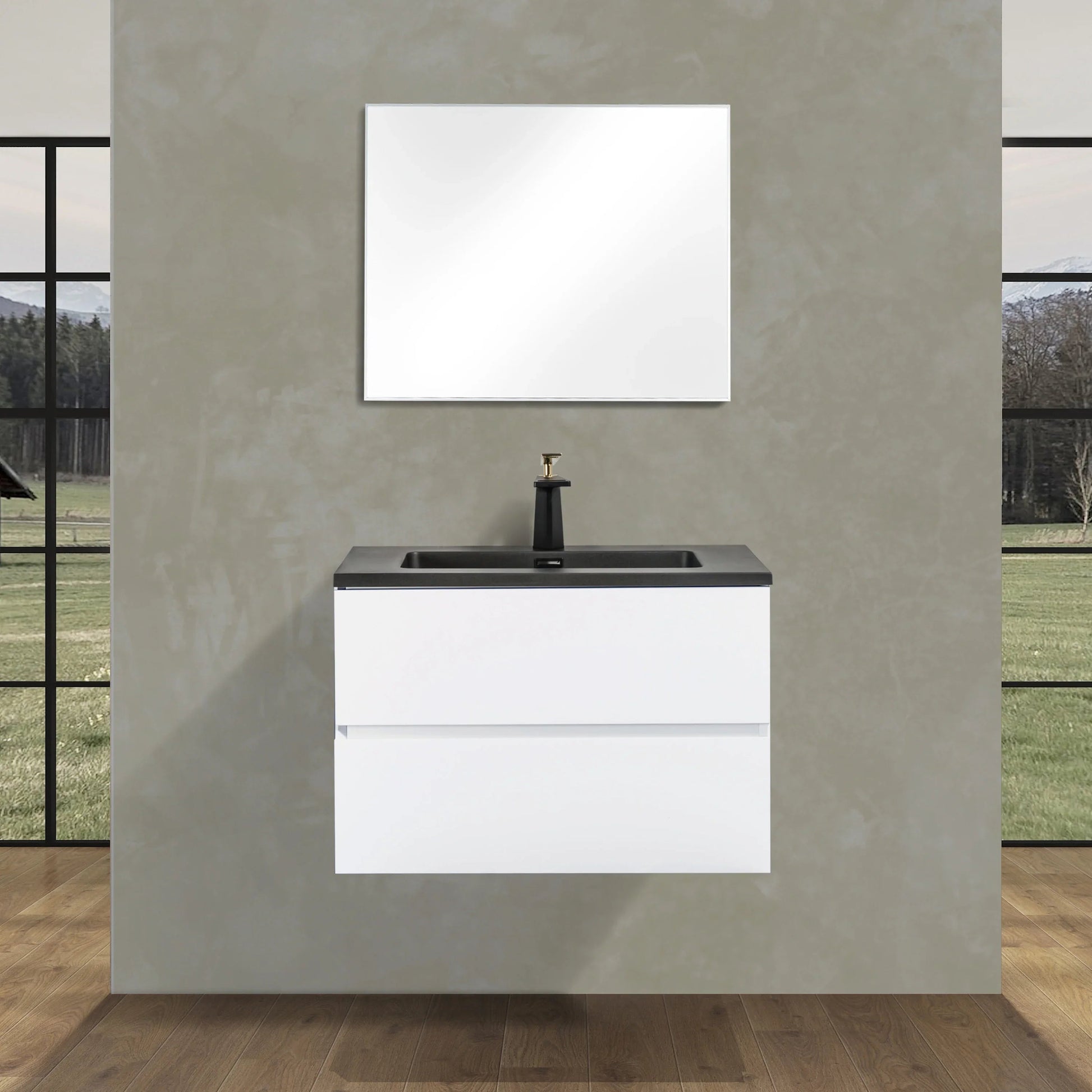 30" White Wall Mount Bathroom Vanity with Black Engineered Quartz Countertop-Migration_Bathroom Vanities-DECOROLALA