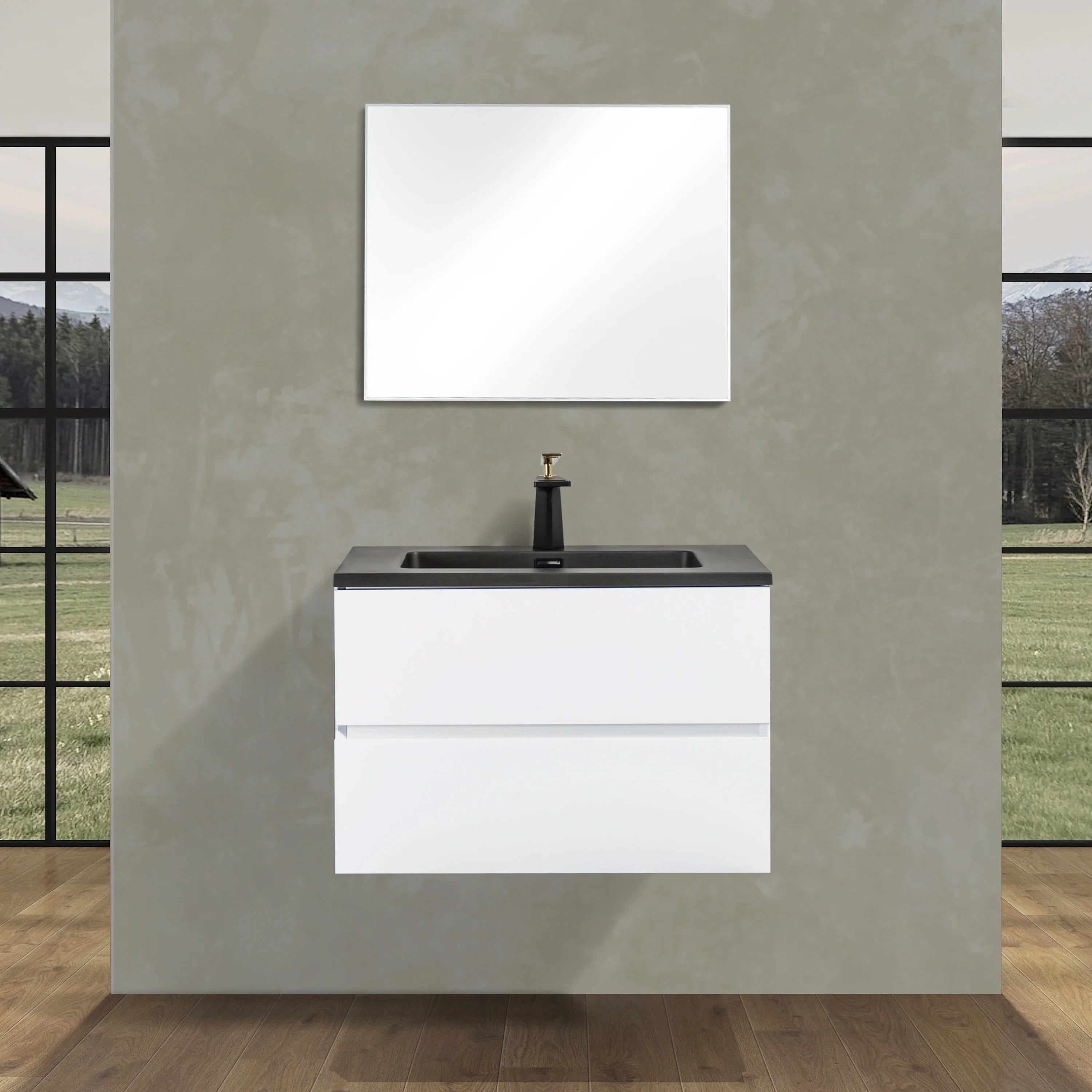 30" White Wall Mount Bathroom Vanity with Black Engineered Quartz Countertop-Migration_Bathroom Vanities-DECOROLALA