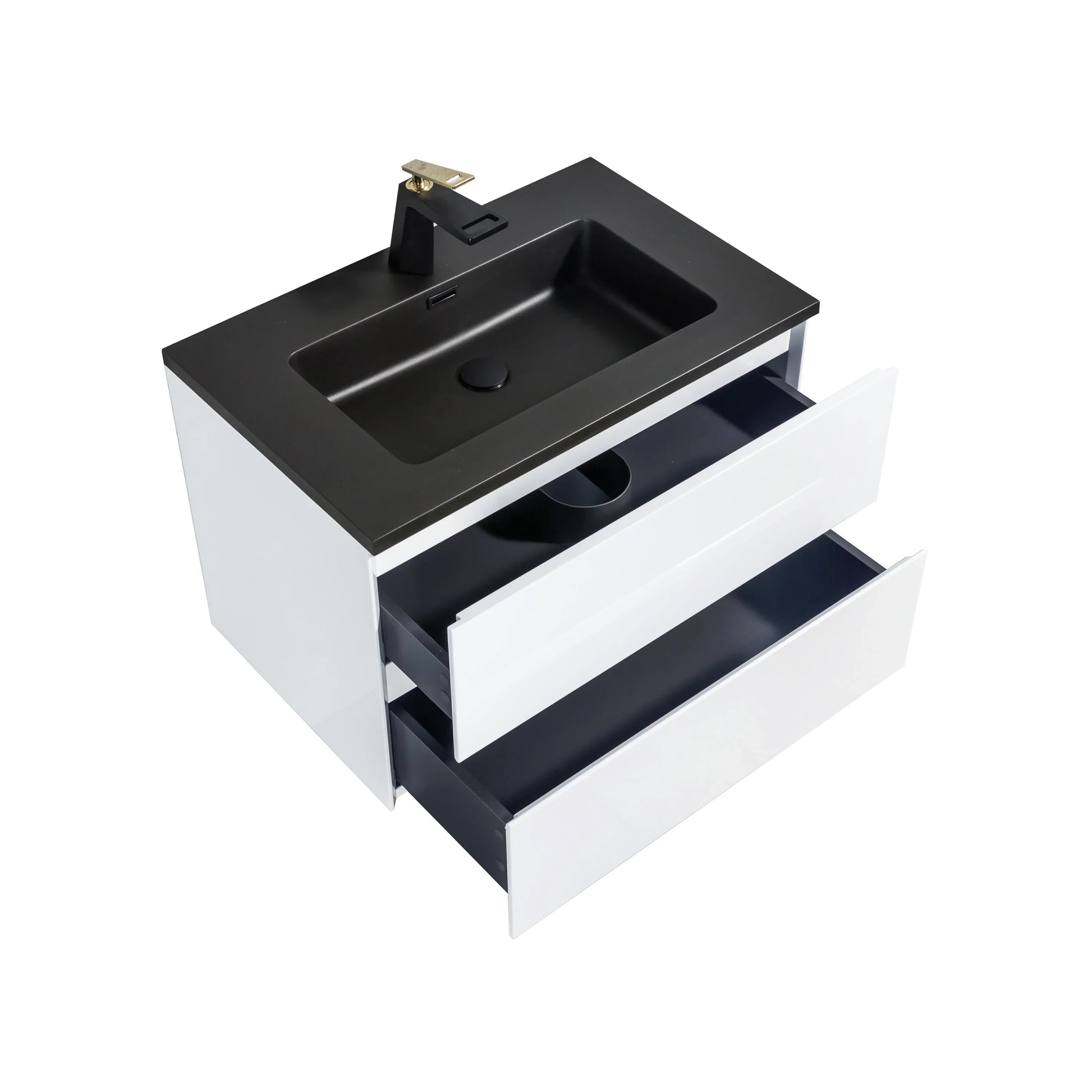 30" White Wall Mount Bathroom Vanity with Black Engineered Quartz Countertop-Migration_Bathroom Vanities-DECOROLALA