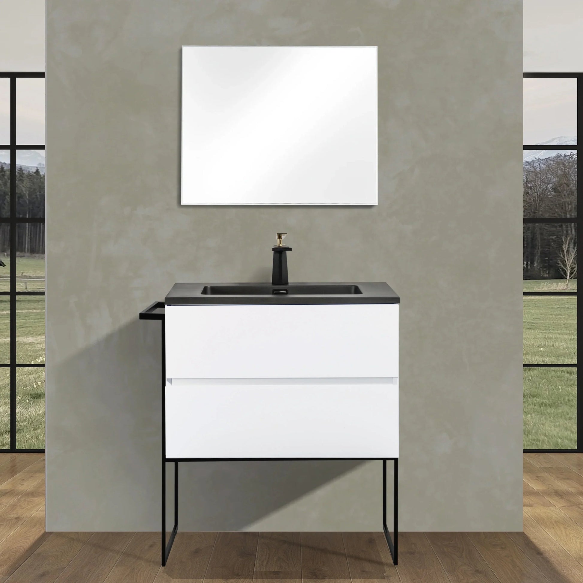 30" White Wall Mount Bathroom Vanity with Black Engineered Quartz Countertop-Migration_Bathroom Vanities-DECOROLALA