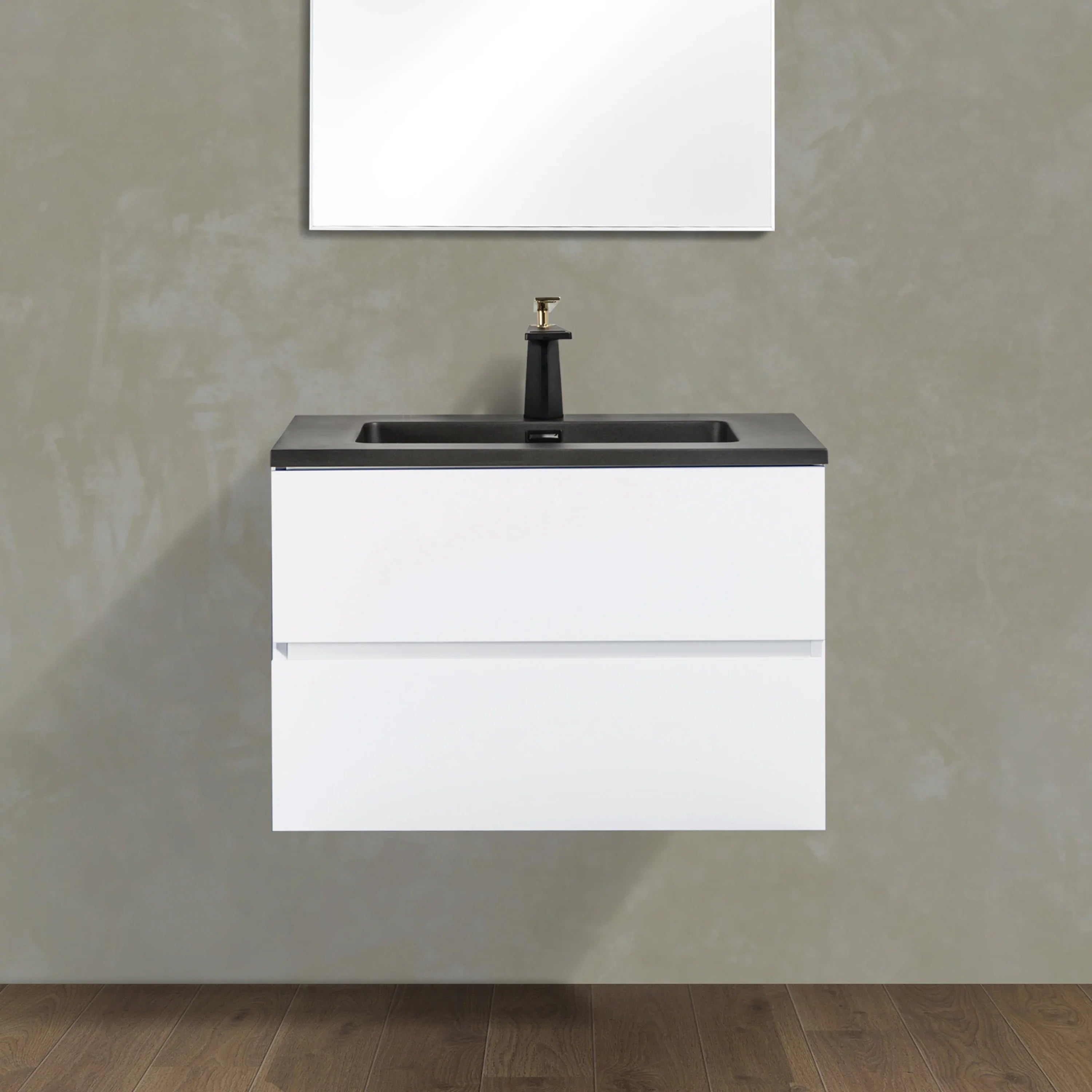 30" White Wall Mount Bathroom Vanity with Black Engineered Quartz Countertop-Migration_Bathroom Vanities-DECOROLALA