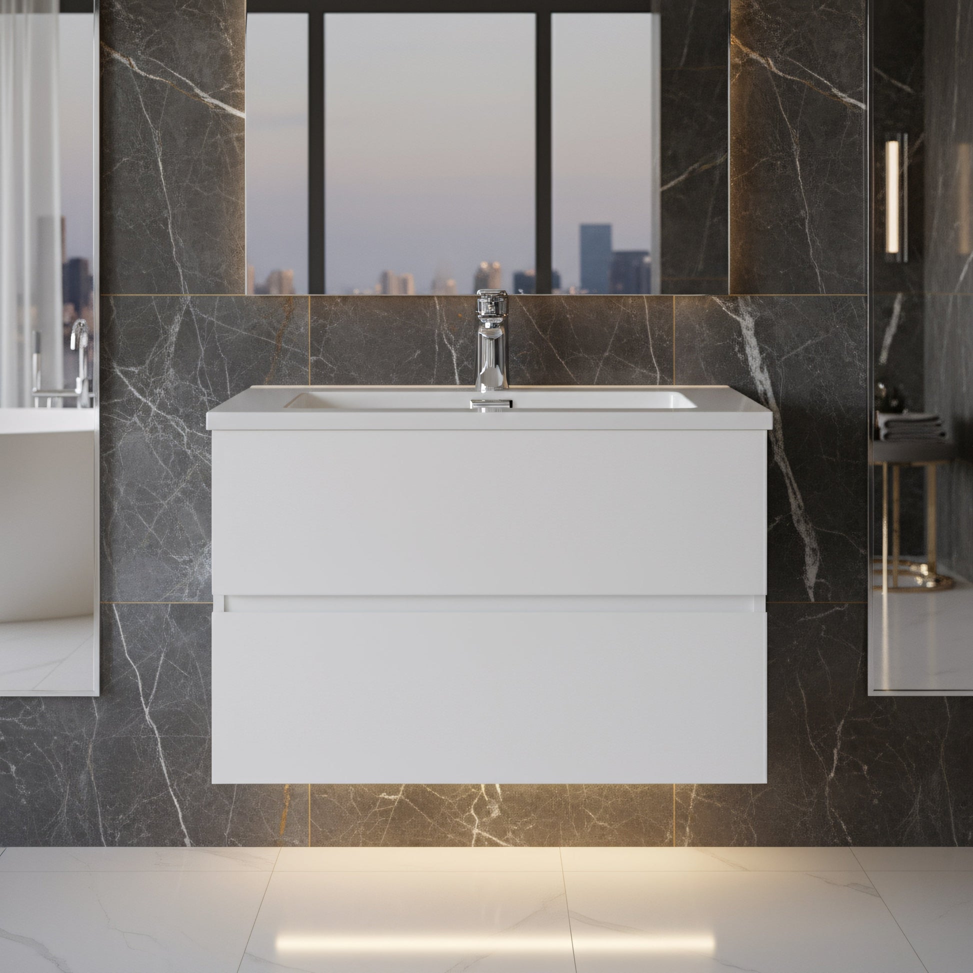 30" White Wall Mount Bathroom Vanity with White Polymarble Countertop-Migration_Bathroom Vanities-DECOROLALA