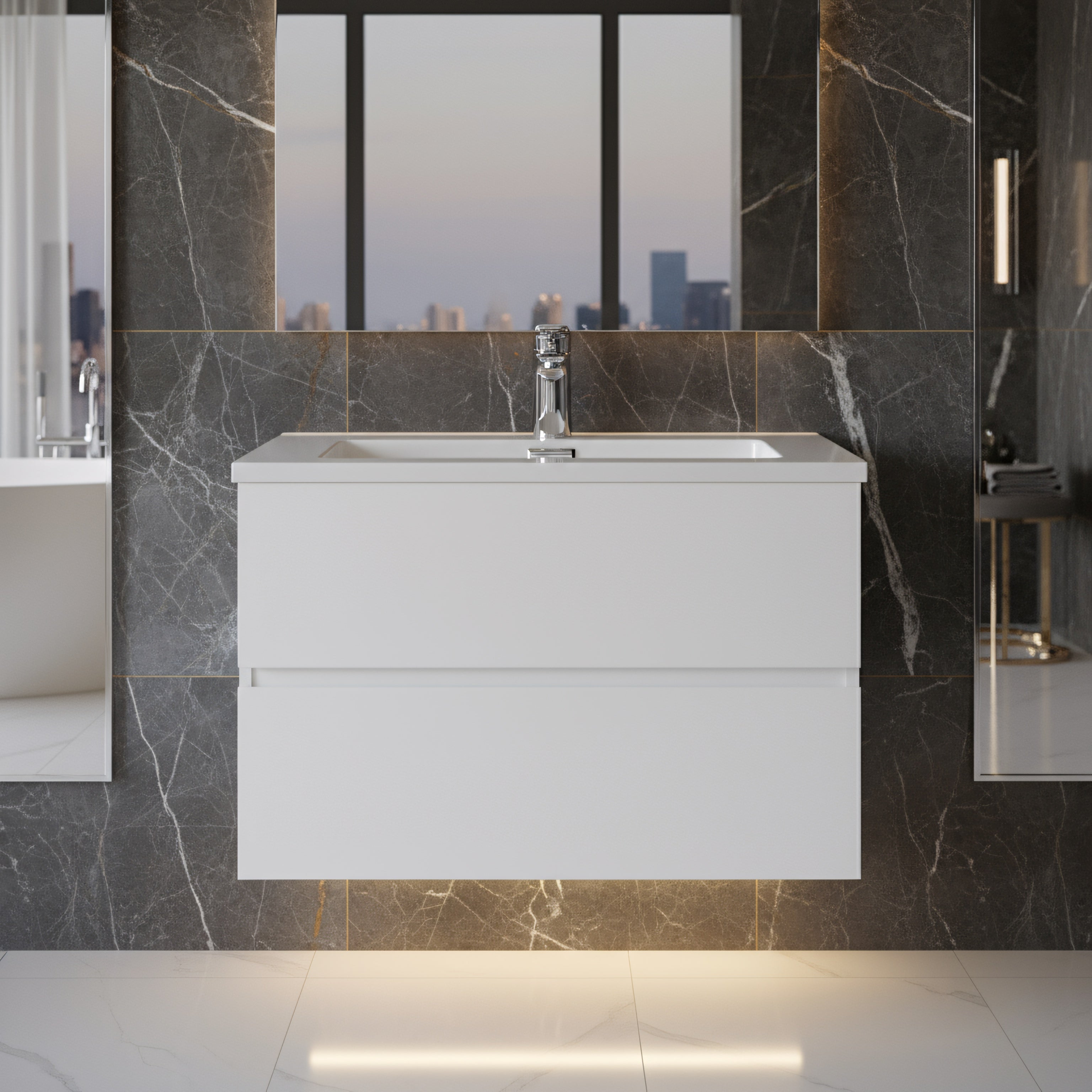 30" White Wall Mount Bathroom Vanity with White Polymarble Countertop-Migration_Bathroom Vanities-DECOROLALA