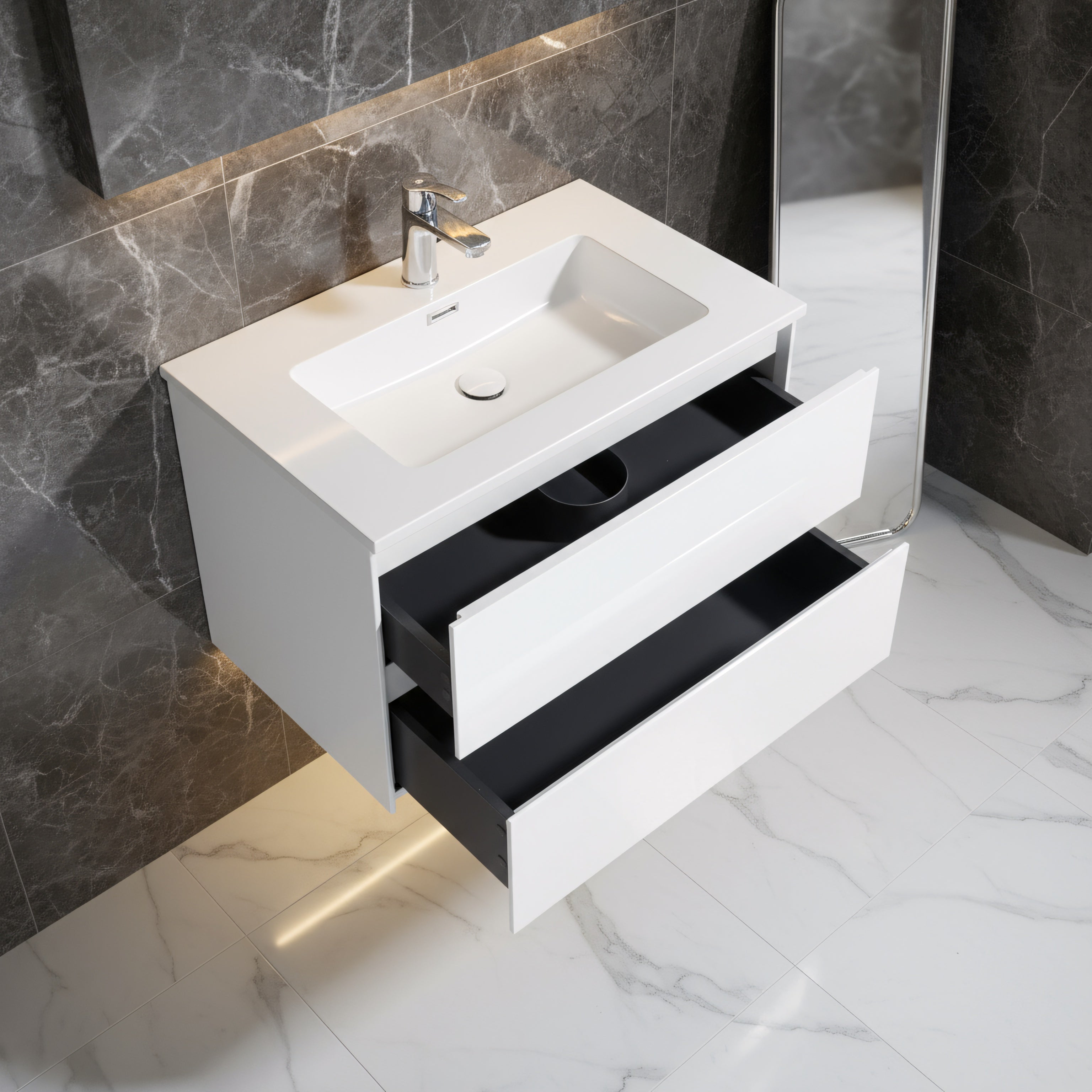 30" White Wall Mount Bathroom Vanity with White Polymarble Countertop-Migration_Bathroom Vanities-DECOROLALA