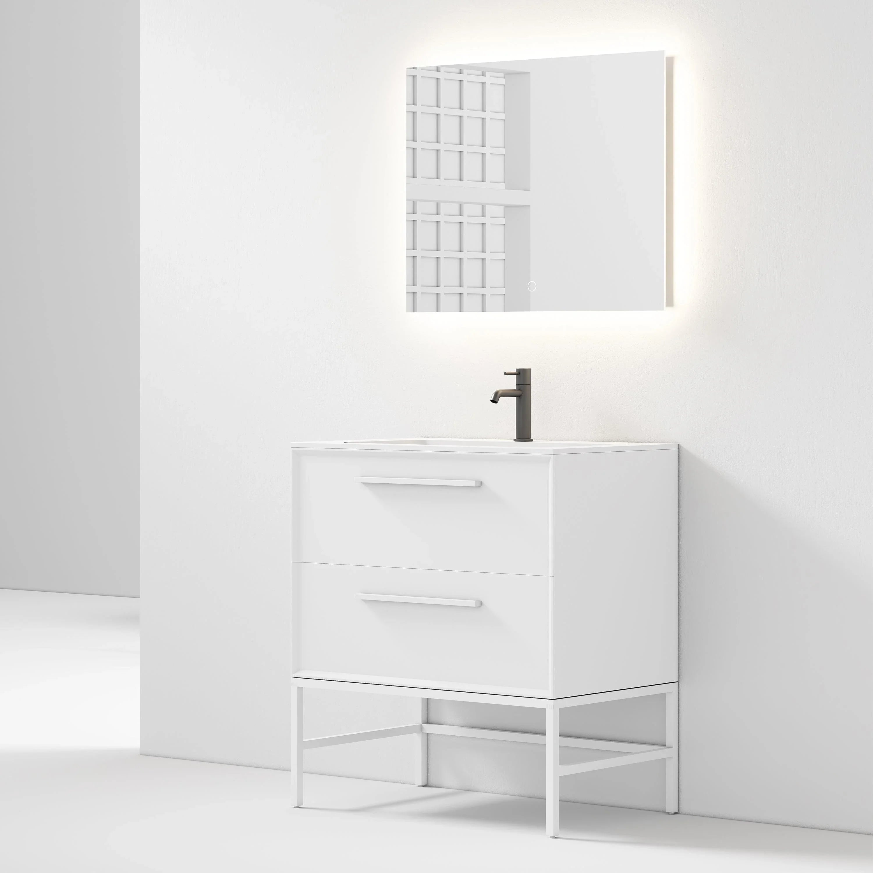 30" White Wall Mount Single Sink Bathroom Vanity with Matte White Solid Surface Countertop-Migration_Bathroom Vanities-DECOROLALA