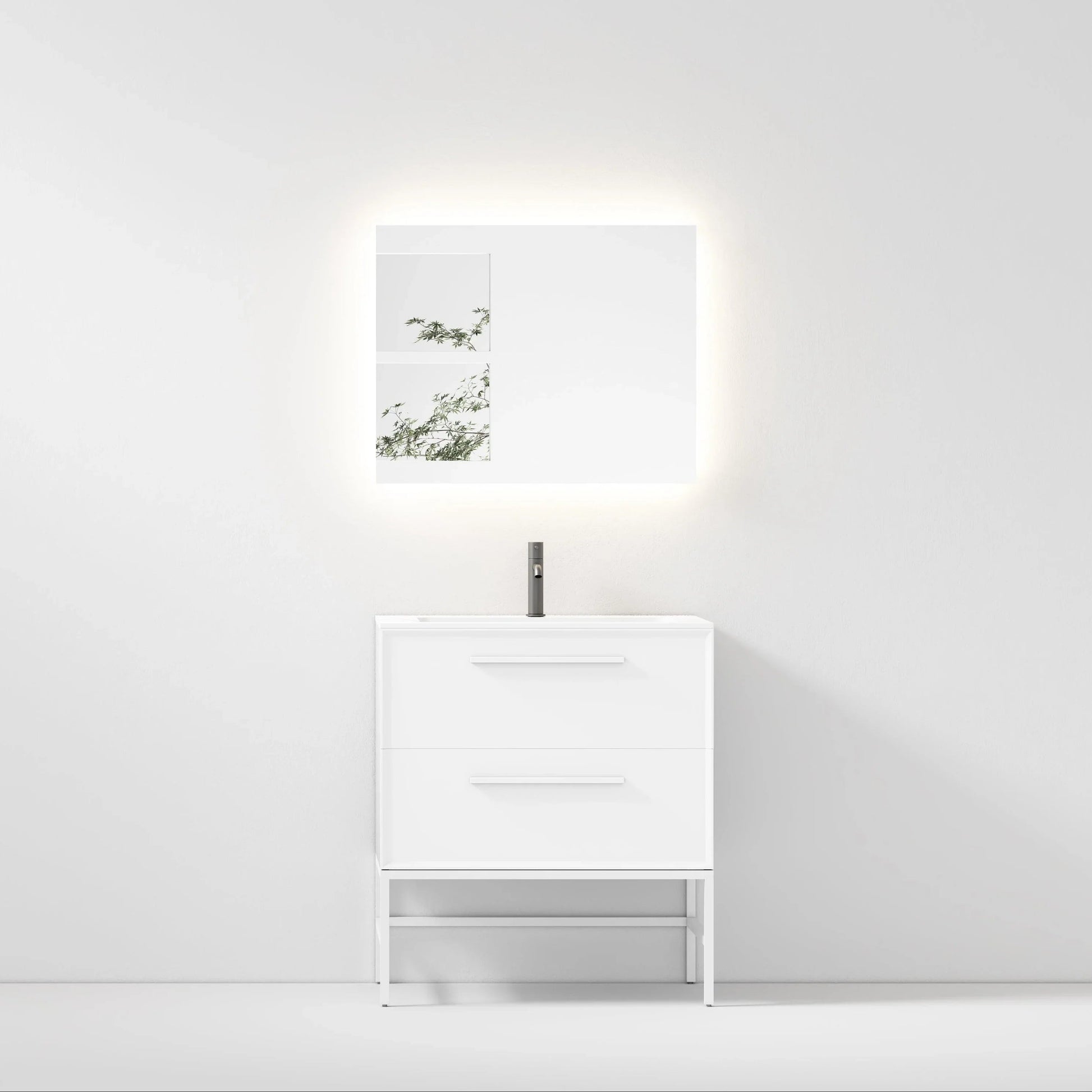30" White Wall Mount Single Sink Bathroom Vanity with Matte White Solid Surface Countertop-Migration_Bathroom Vanities-DECOROLALA