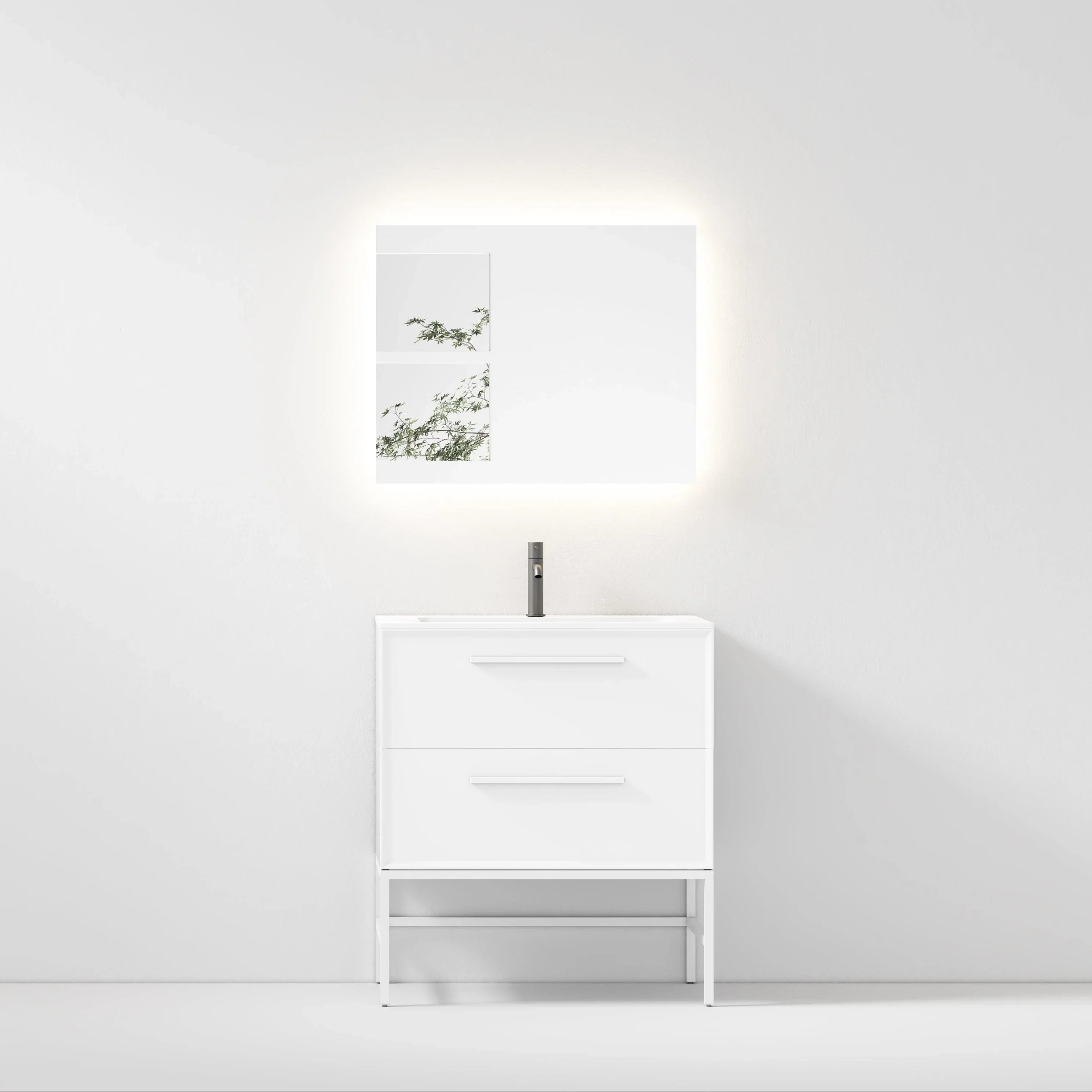 30" White Wall Mount Single Sink Bathroom Vanity with Matte White Solid Surface Countertop-Migration_Bathroom Vanities-DECOROLALA