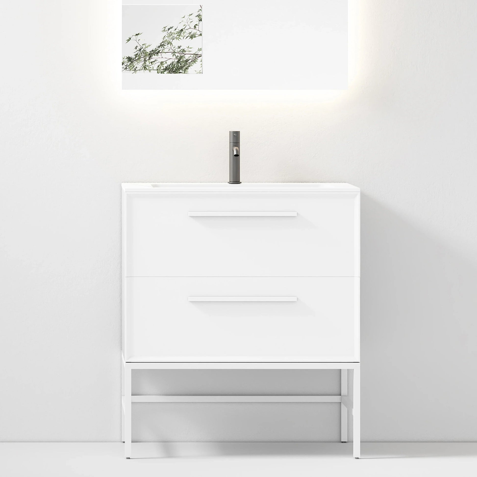 30" White Wall Mount Single Sink Bathroom Vanity with Matte White Solid Surface Countertop-Migration_Bathroom Vanities-DECOROLALA