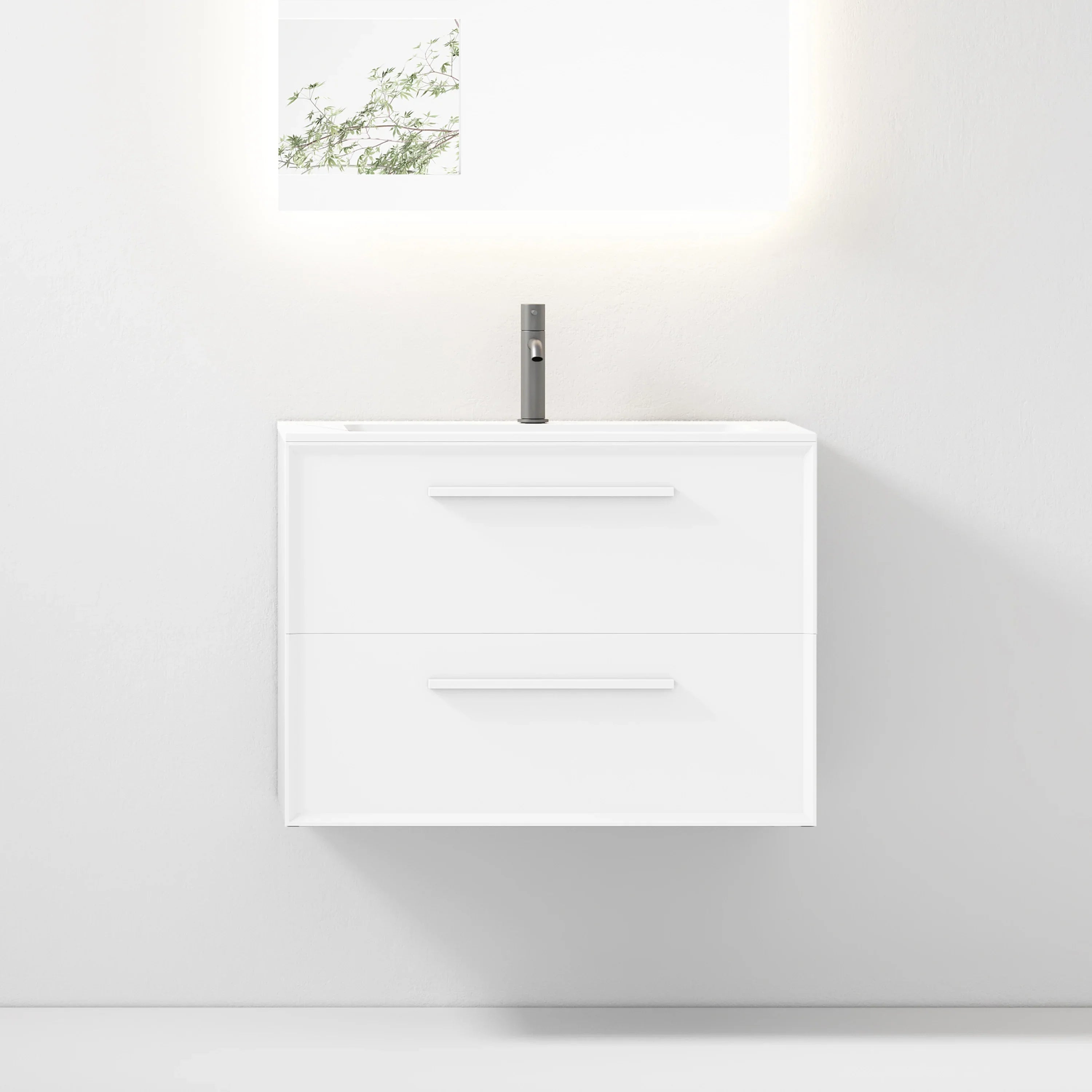 30" White Wall Mount Single Sink Bathroom Vanity with Matte White Solid Surface Countertop-Migration_Bathroom Vanities-DECOROLALA
