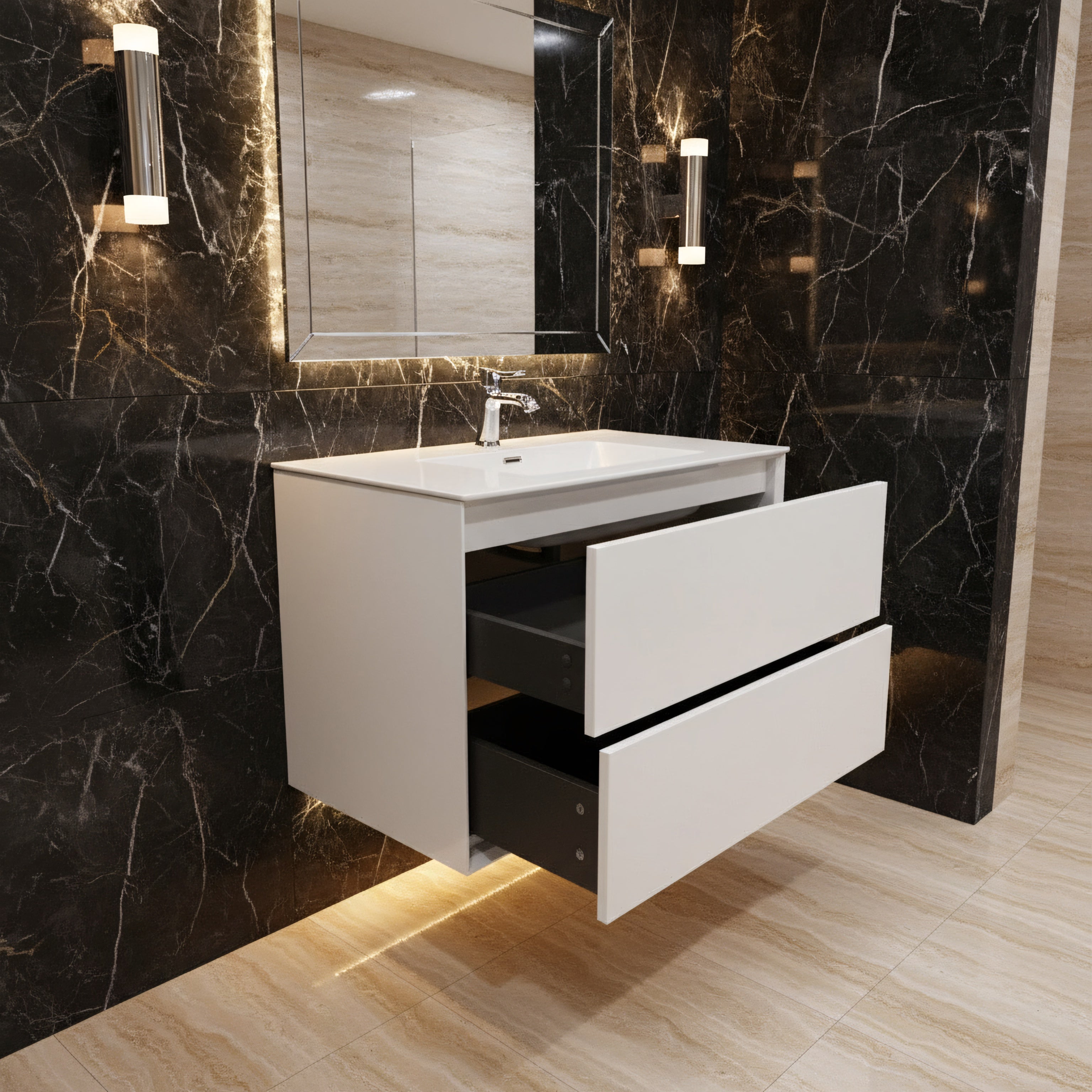 30" White Wall Mount Vanity with White Polymarble Countertop-Migration_Bathroom Vanities-DECOROLALA