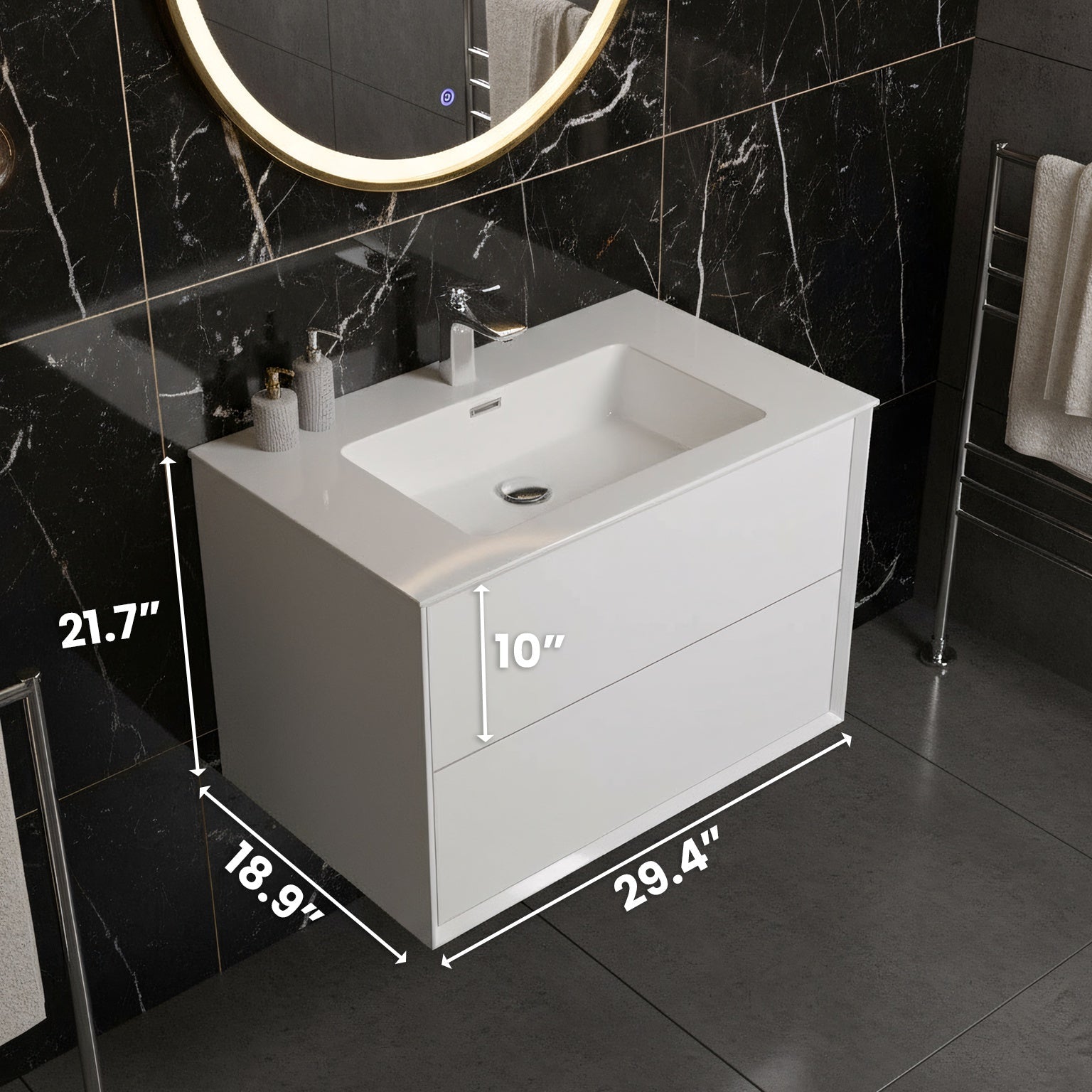 30" White Wall Mount Vanity with White Polymarble Countertop-Migration_Bathroom Vanities-DECOROLALA