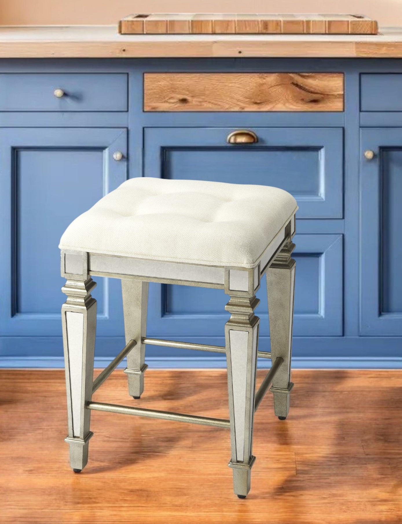 30" White and Gray Solid and Manufactured Wood Backless Counter Height Bar Chair-Bar Chairs-DECOROLALA